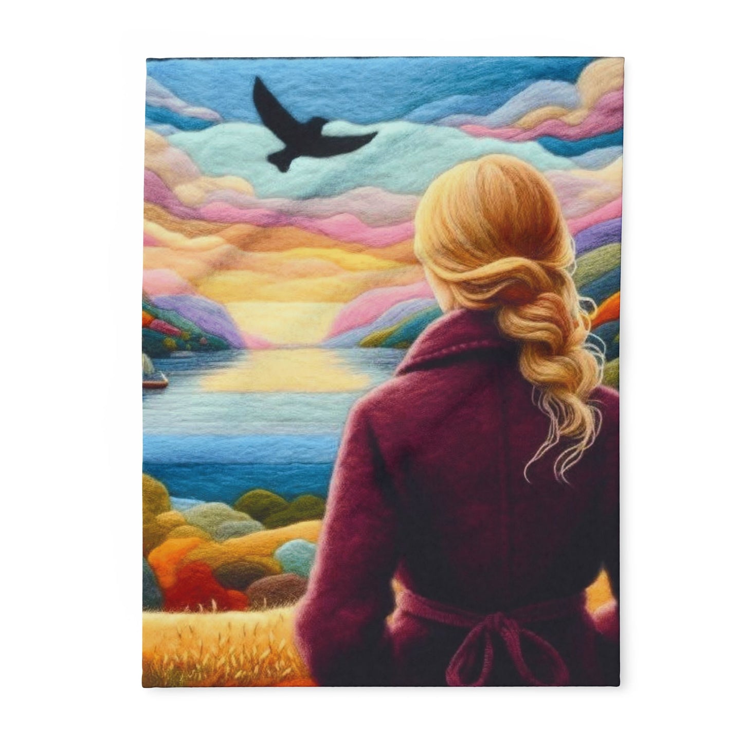 Scenic Girl Fleece Blanket — Cozy Sunset Landscape Throw