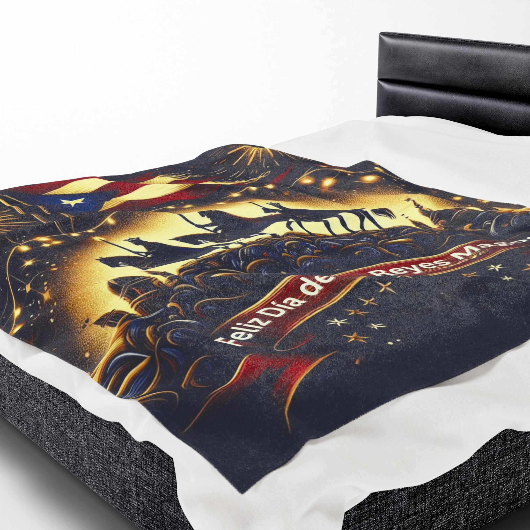 Velveteen Plush Blanket  Feliz Día de los Reyes Magos Puerto Rico Flag Holiday Throw
