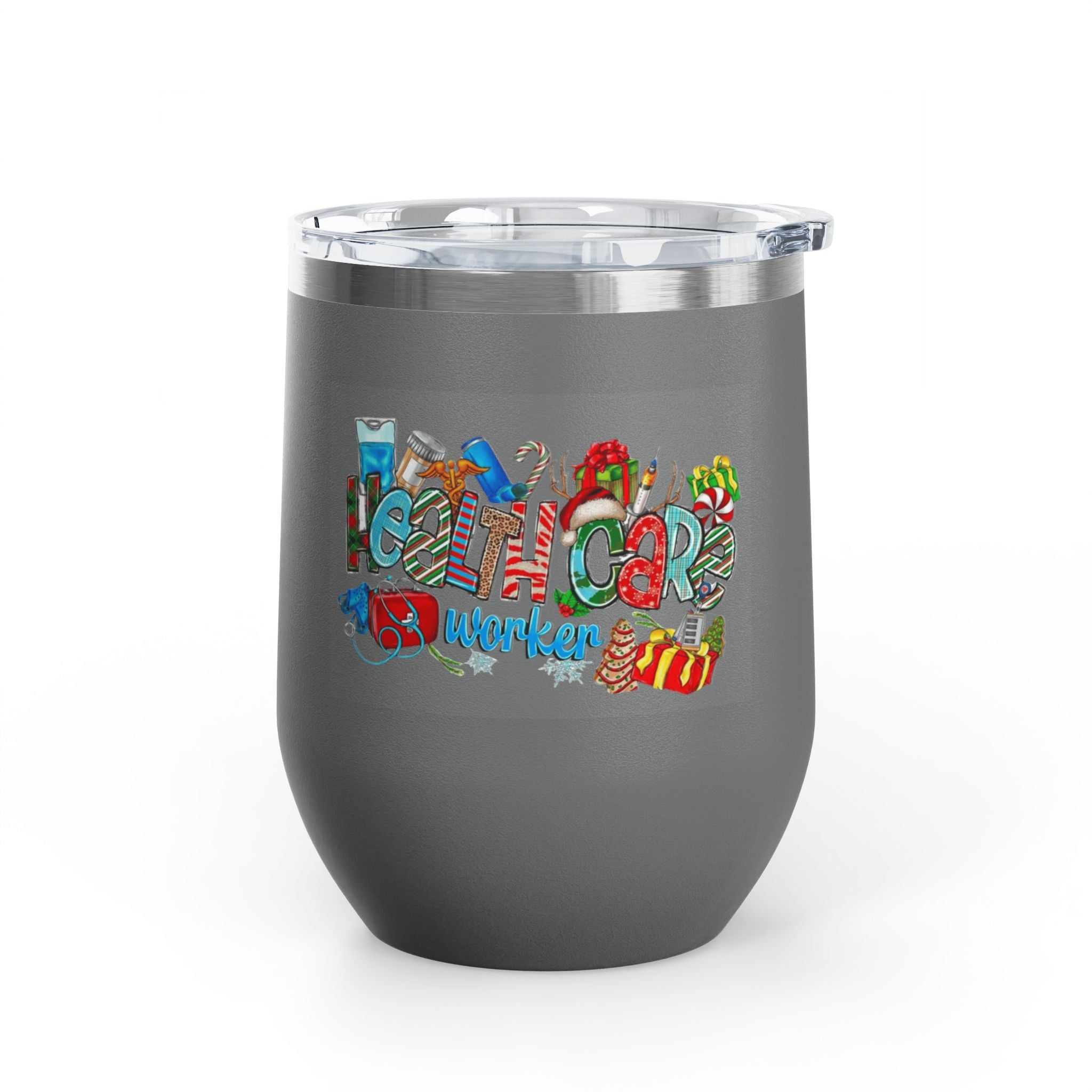 Healthcare Worker 12oz Wine Tumbler — Colorful Holiday Medical Staff Gift Medical Christmas Mug