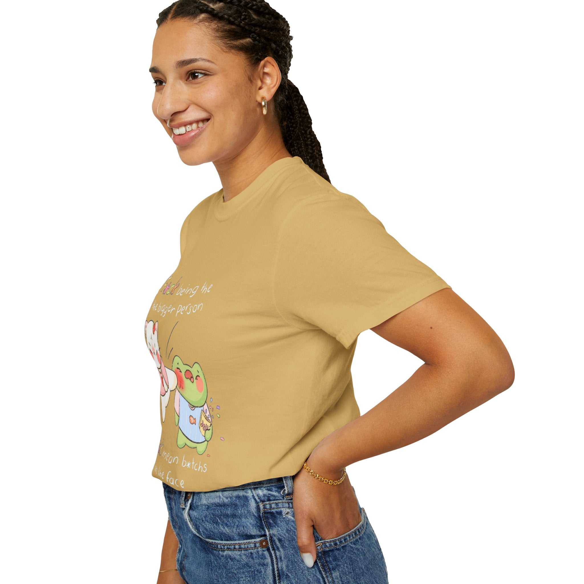 Graphic T-Shirt  Cute Kicking Cat & Frog with 'F*ck Being The Bigger Person' Slogan
