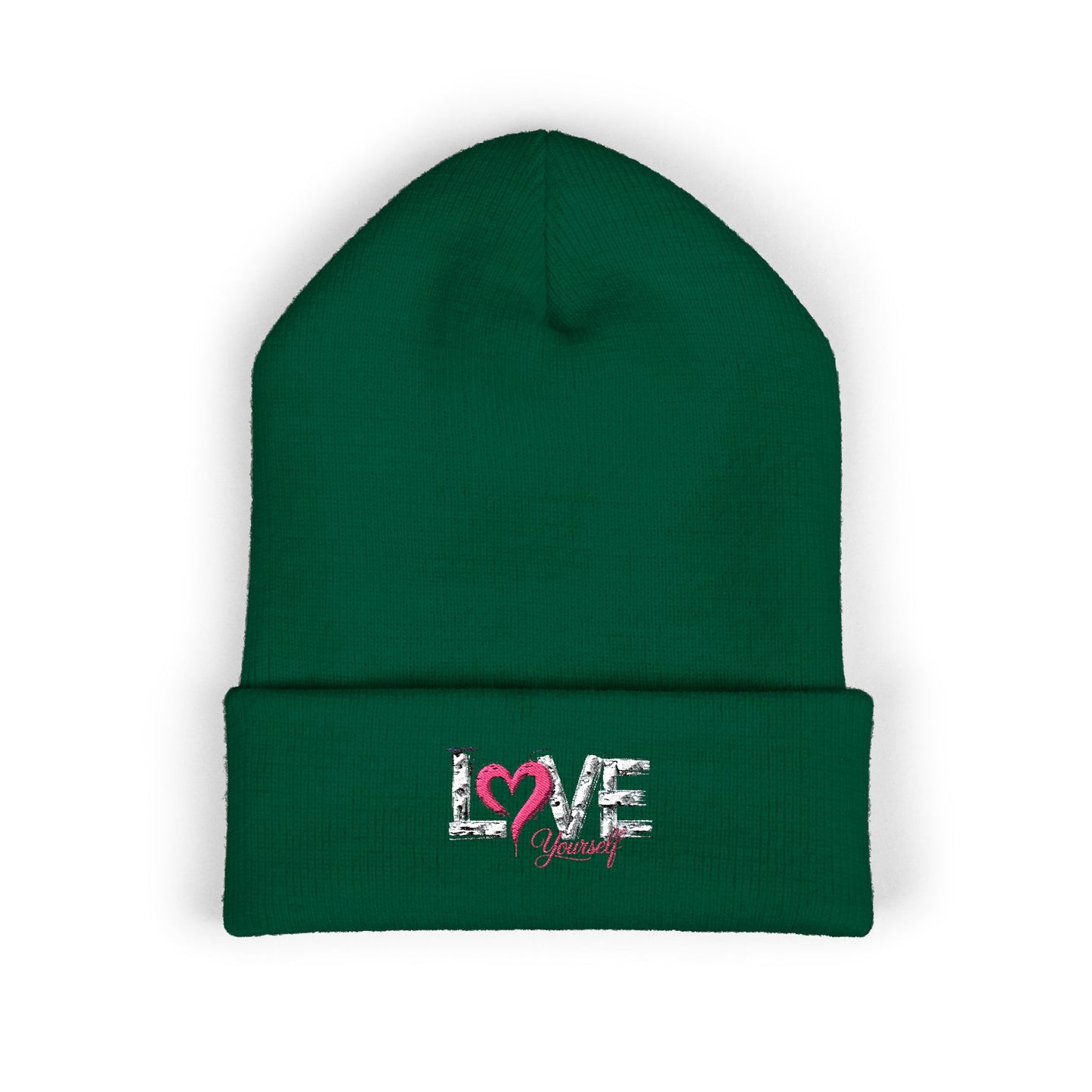 Embroidered 'Love' Heart Cuffed Beanie — Cozy Pink Accent Winter Hat