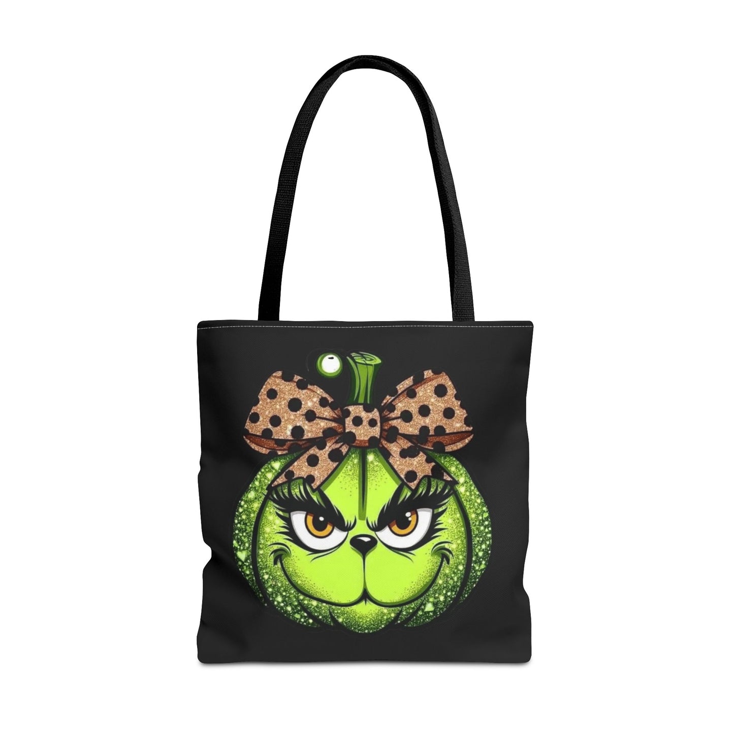 Grinch-Inspired Tote Bag with Polka Dot Bow Christmas Tote Bag Festive Holiday Design