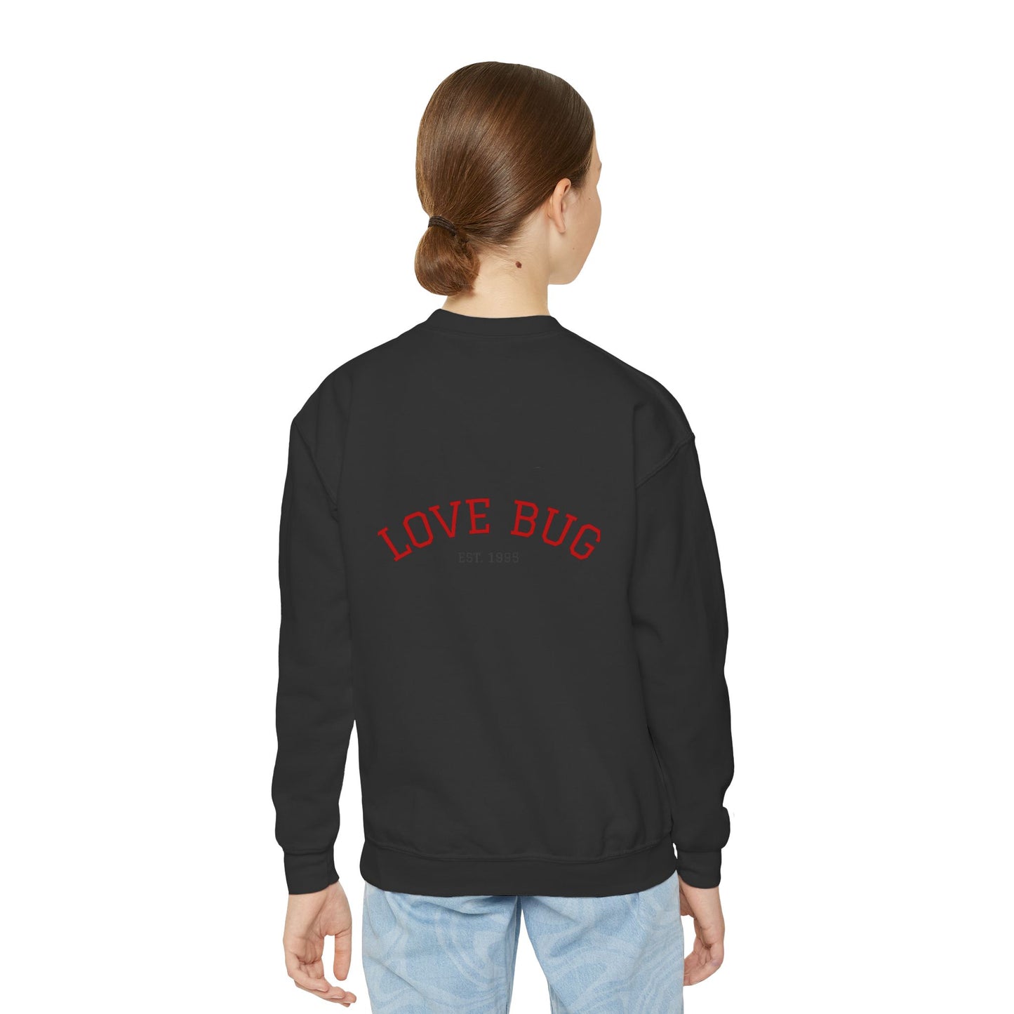 Youth Sweatshirt  Cute Girl with Heart Shower "Love Bug" Crewneck