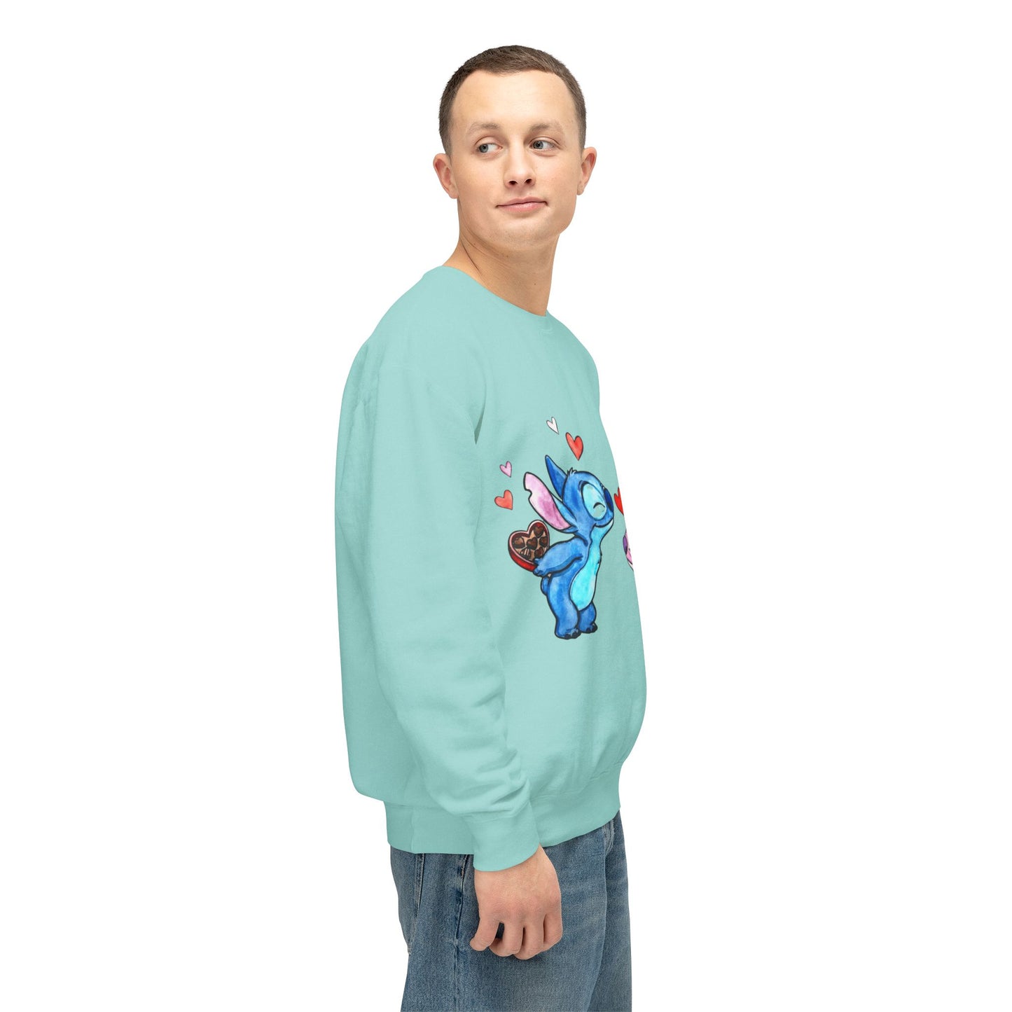 Cute Stitch Valentine Sweatshirt — Blue & Pink Love Characters with Hearts