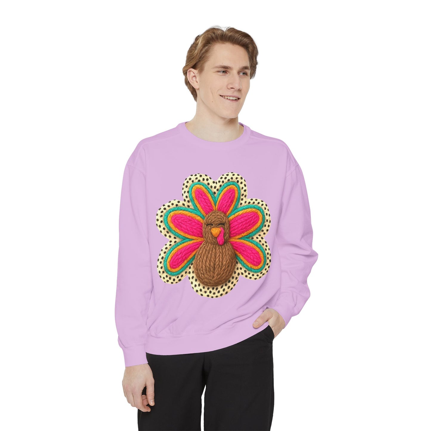 Festive Holiday Designs Turkey Patch Sweatshirt — Colorful Embroidered Thanksgiving Pullover