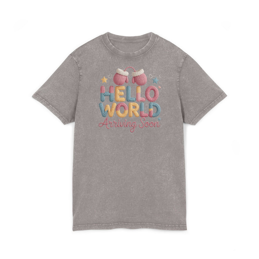 Hello World "Arriving Soon" Acid Wash Baby Announcement Tee