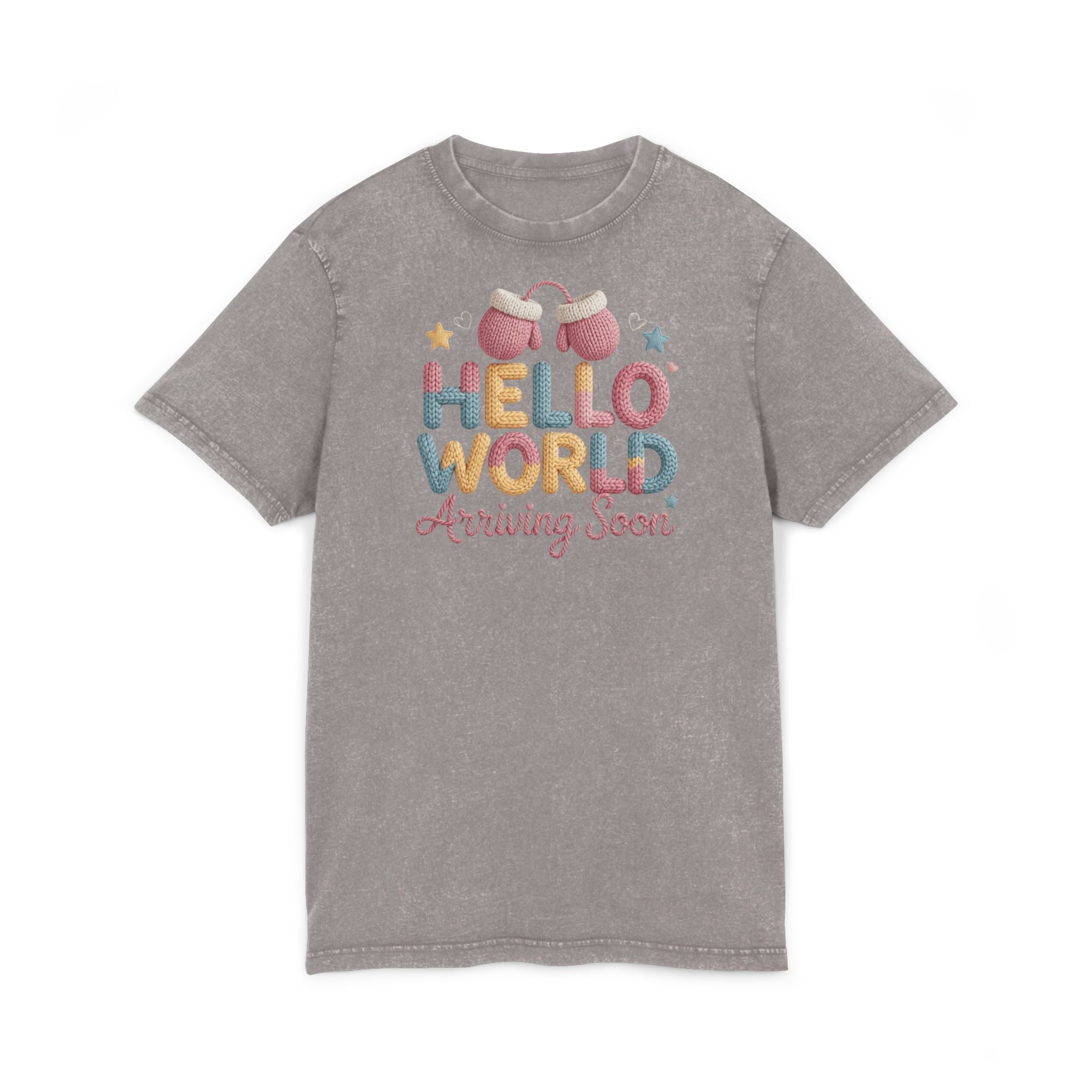 Hello World "Arriving Soon" Acid Wash Baby Announcement Tee