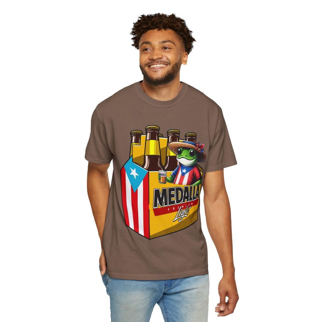 Medalla Light Puerto Rican Beer T-Shirt Coqui Frog Mascot Six-Pack Graphic Tee Puerto Rico’s Navidades