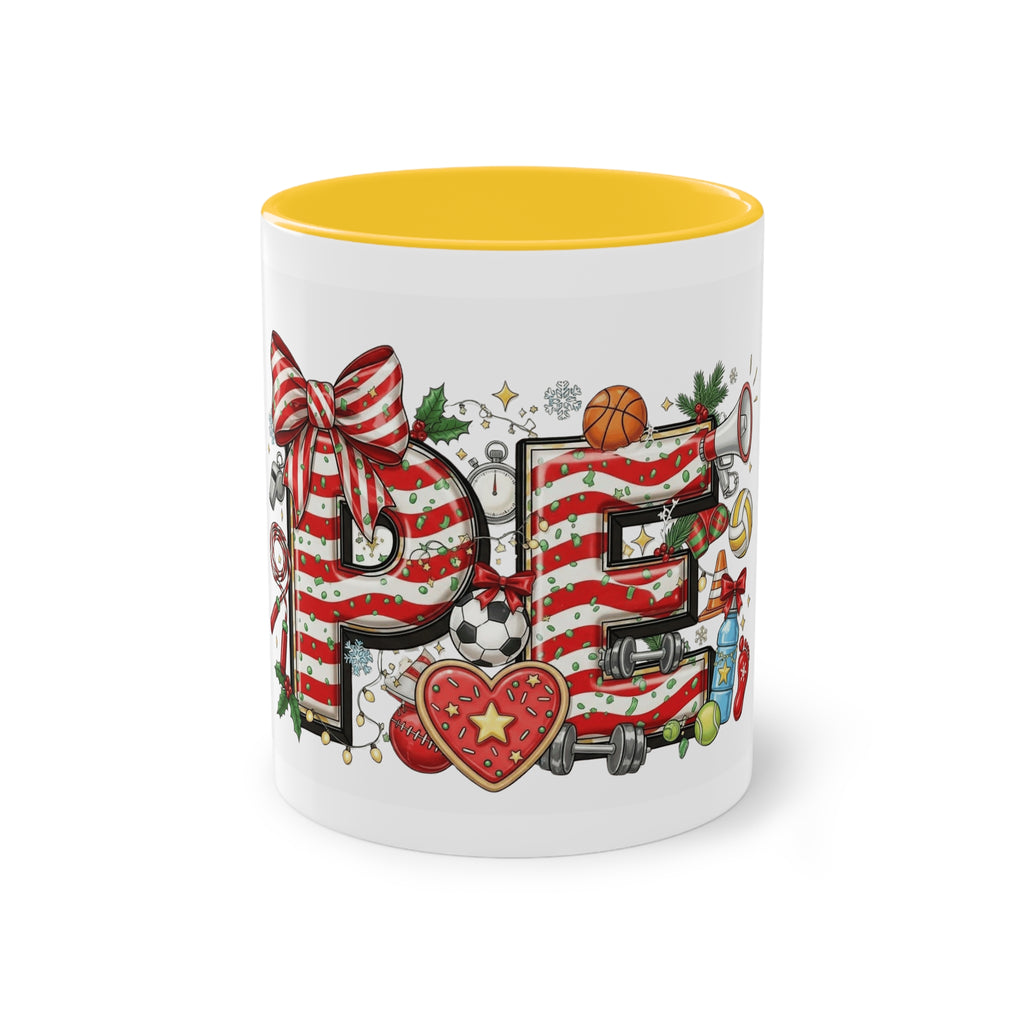 Holiday Sports Mom Coffee Mug Festive 'PE' Candy-Stripe Design, 11oz Two-Tone School Staff Christmas Mug Collection,