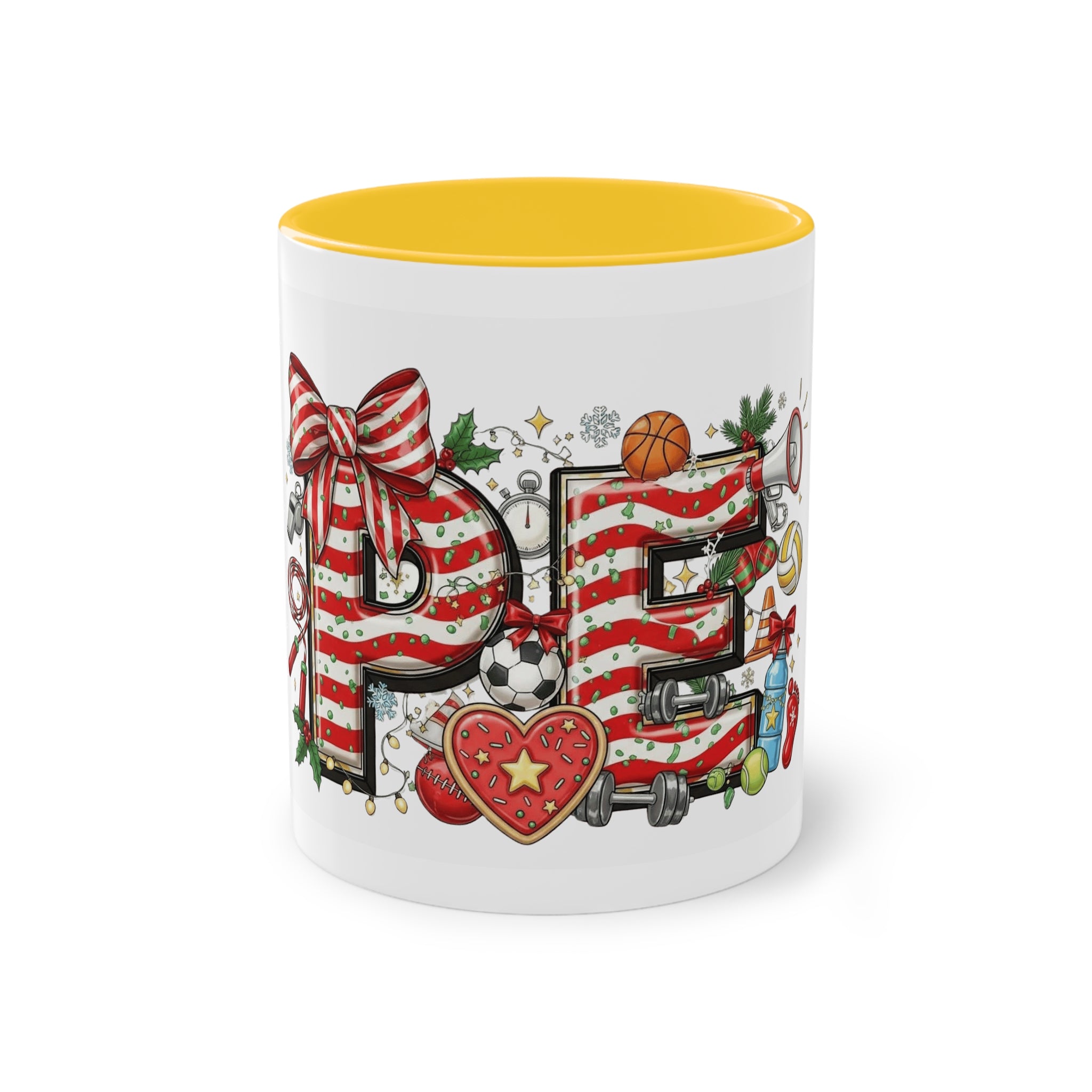 Holiday Sports Mom Coffee Mug Festive 'PE' Candy-Stripe Design, 11oz Two-Tone School Staff Christmas Mug Collection,
