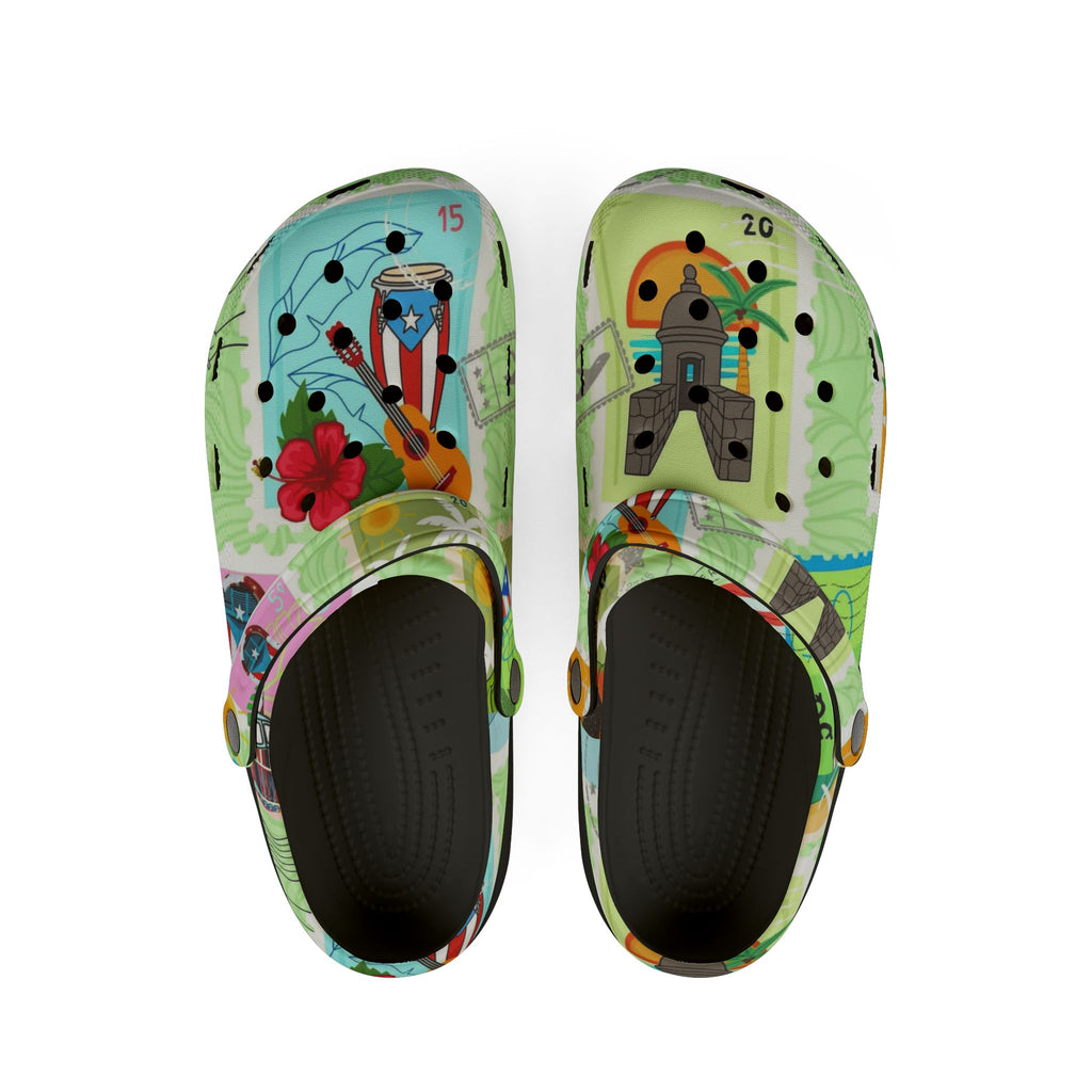 Puerto Rico Tropical Map EVA Foam Clogs — 'Puerto Rico Proud' Colorful Island Print