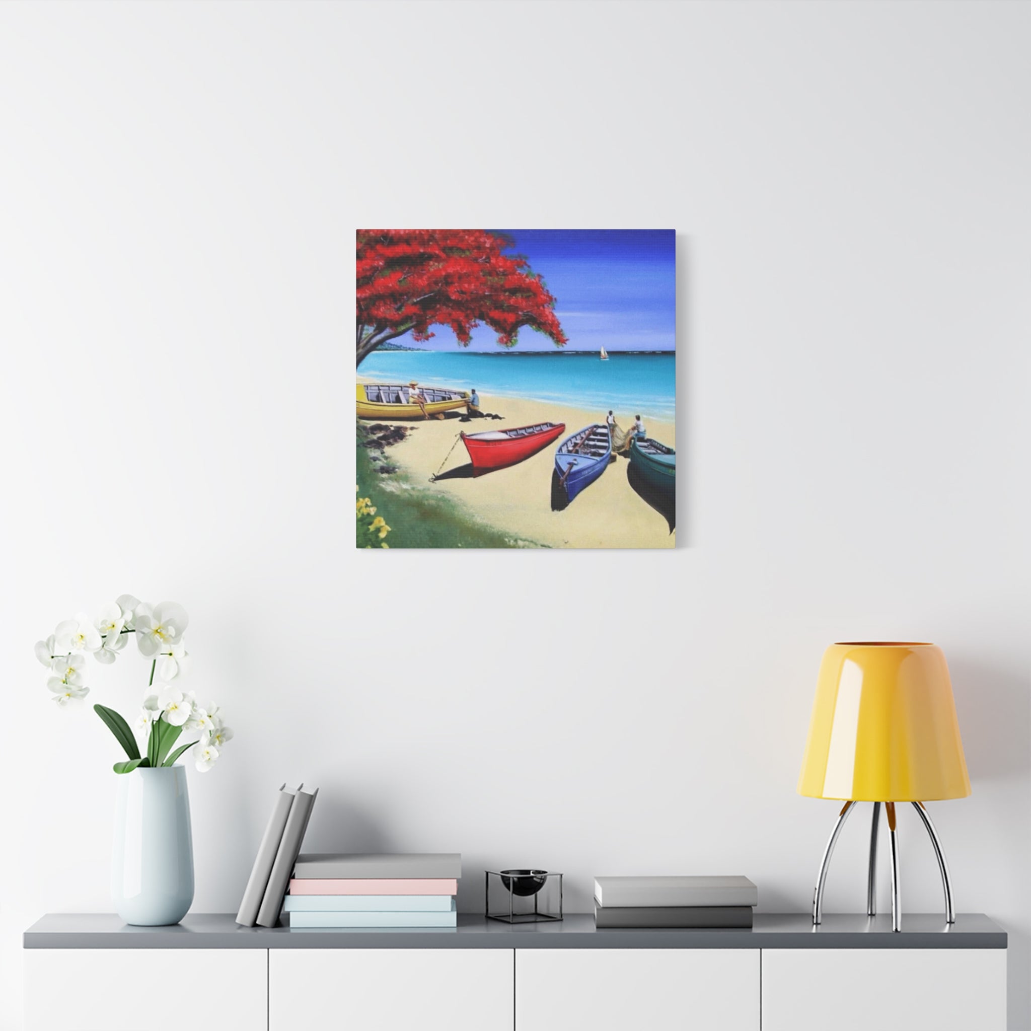 Beach Canoes Canvas Wall Art Tropical Seaside Landscape Matte Stretched Canvas
