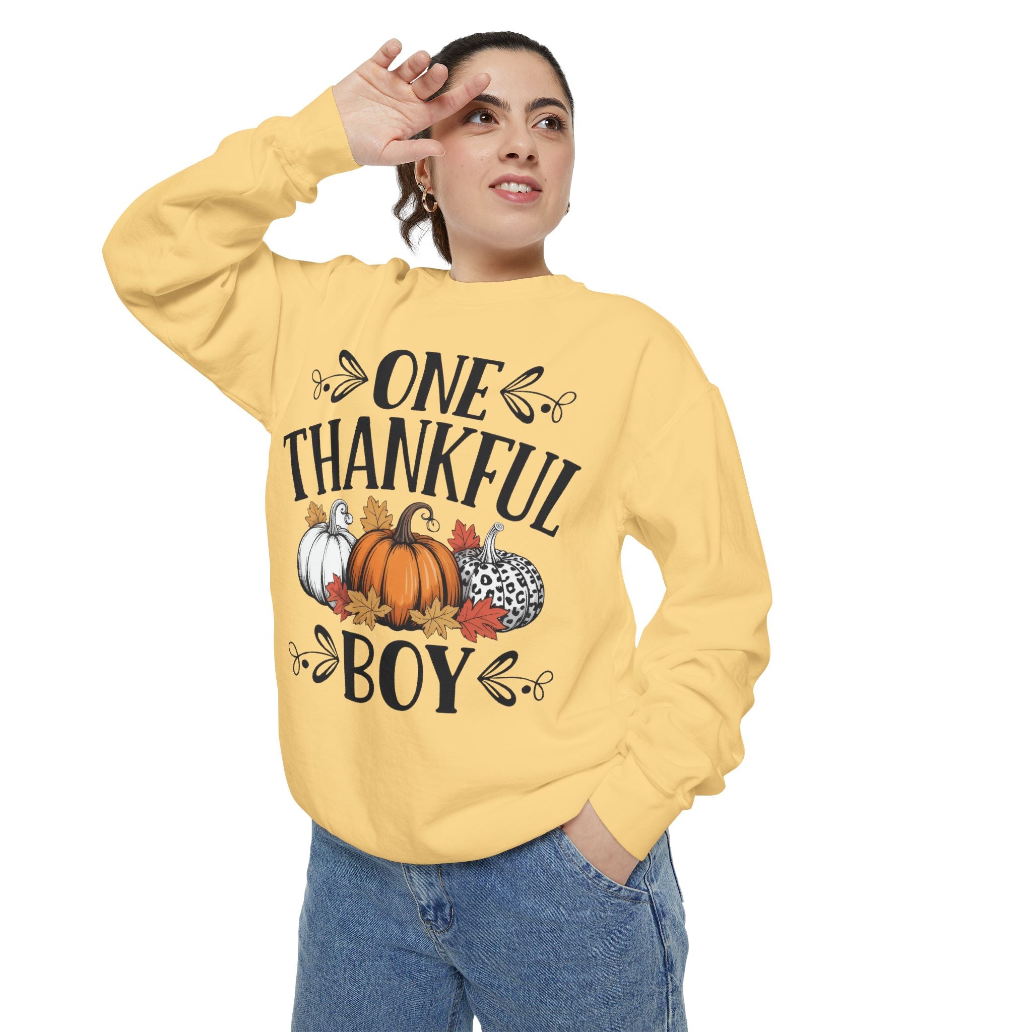 Thankful Boy Sweatshirt  Fall Pumpkin Thanksgiving Crewneck Fall T-Shirts and Sweatshirts Collection