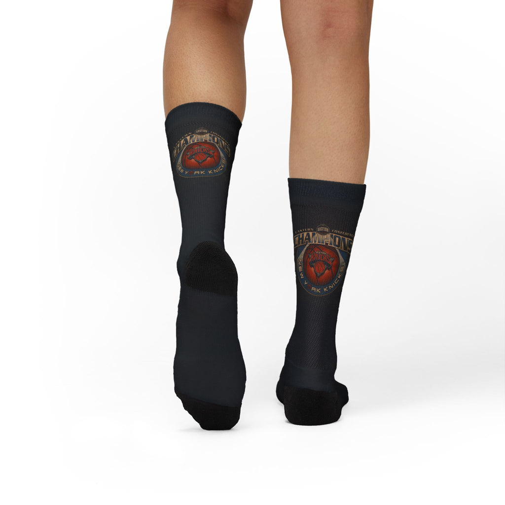 NY*K Basketball Black Sublimation Crew Socks with Vintage Motorcycle Badge Design