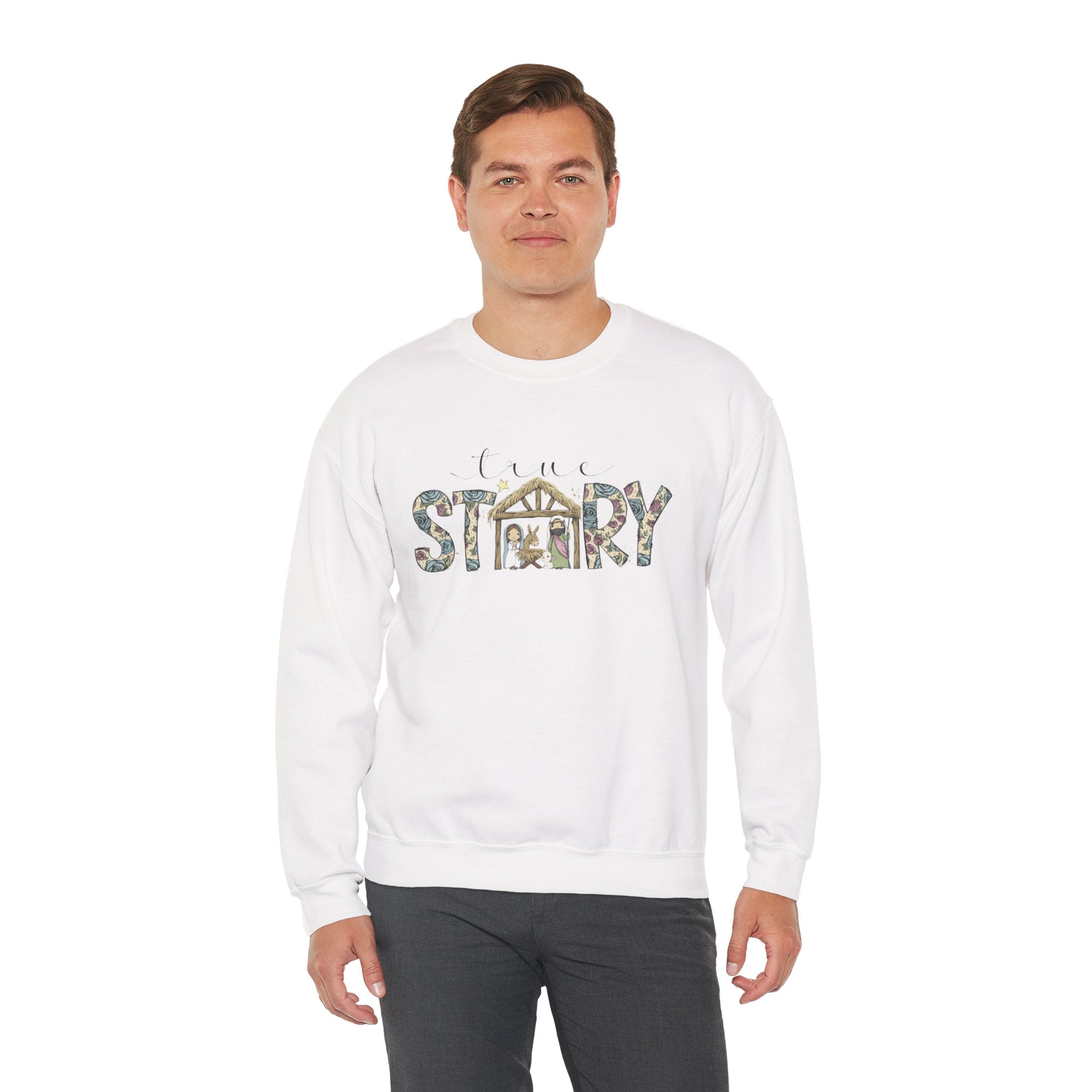 Crewneck Sweatshirt "Come Story" Floral Nativity Design  Cozy Christmas Pullover unique festive designs and joyful