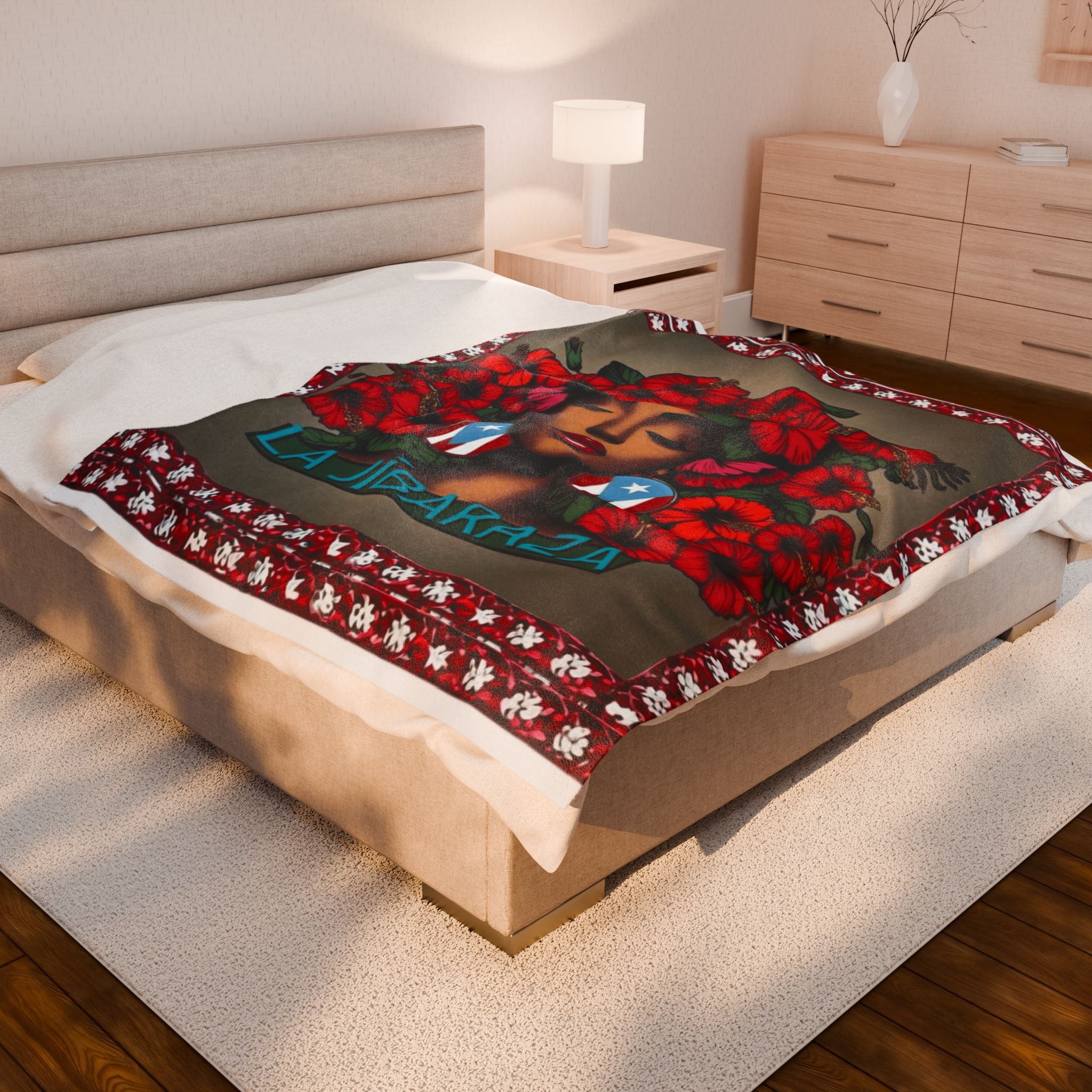 La Jíbaraza Velveteen Plush Blanket  Puerto Rican Floral Afro-Latina Portrait Throw