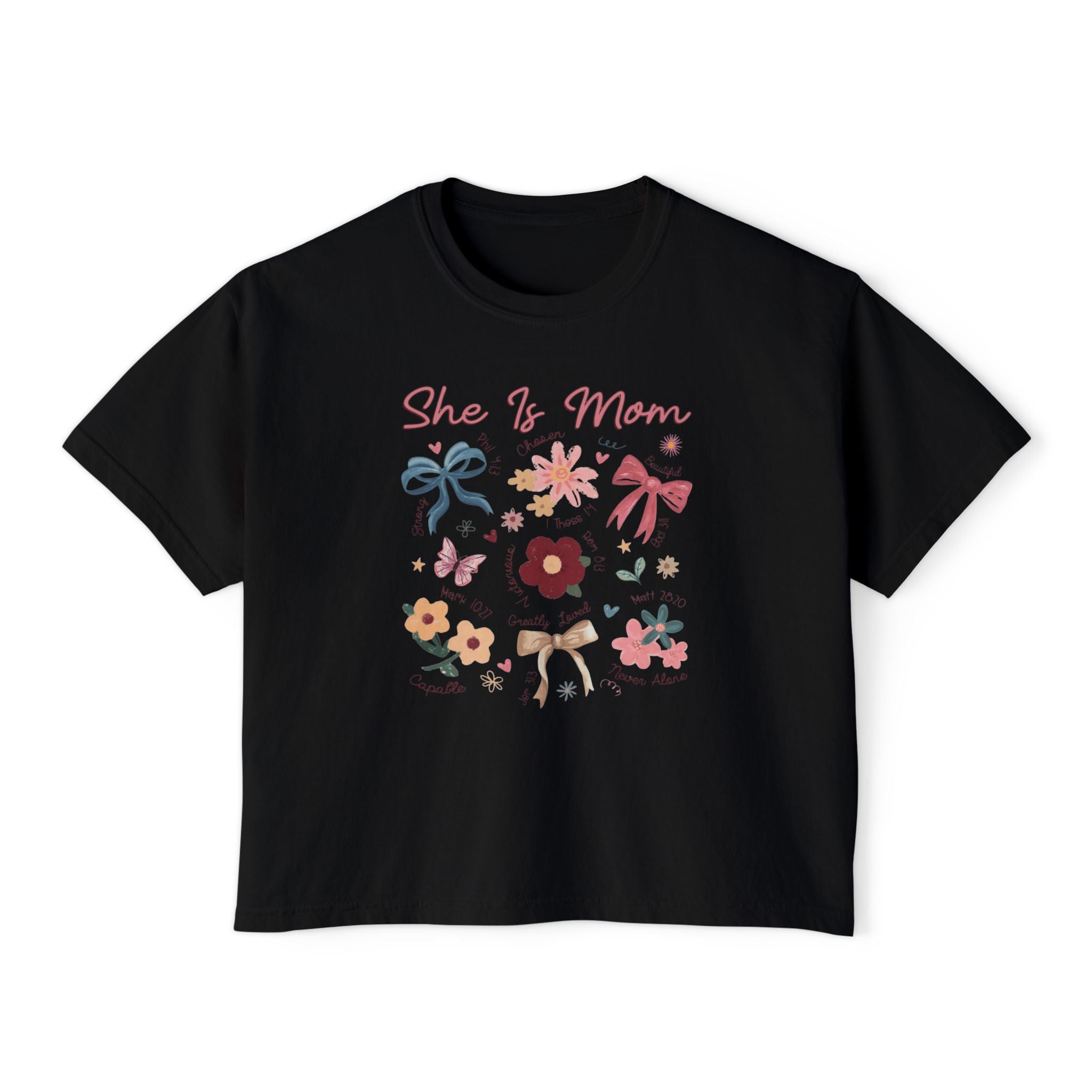She Is Mom Floral Boxy Tee  Cute Mother’s Day Floral Graphic Shirt