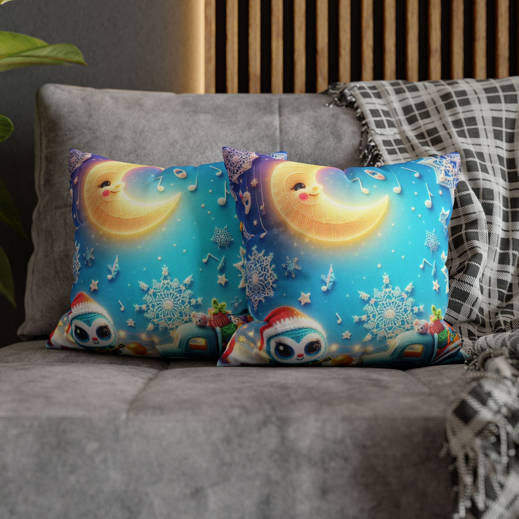 Whimsical Moon & Penguin Holiday Pillowcase  Faux Suede Square Throw Pillow