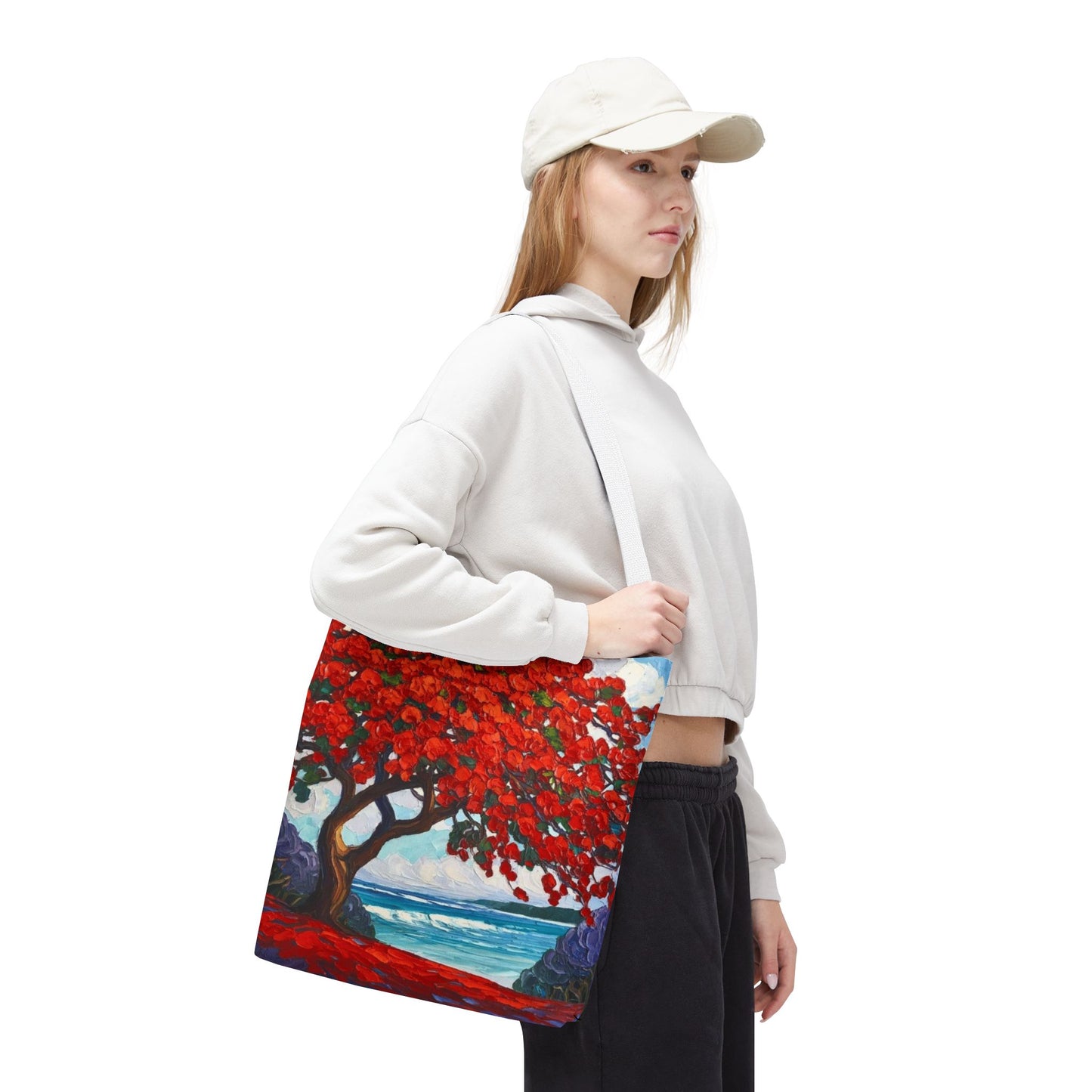 Red Blossom Beach Tote - Tropical Tree Art All-Over Print Tote Bag Crochet-Decorated Tote Bags
