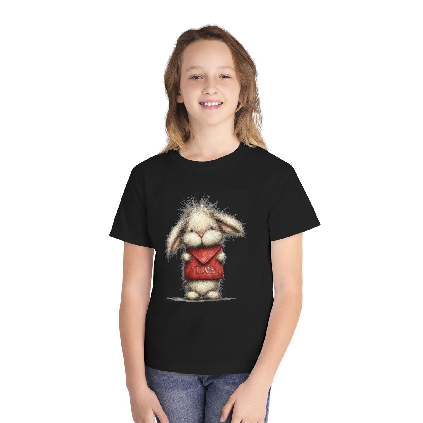Kids Tee  Cute Bunny Holding "Love" Heart Graphic (Youth Midweight)