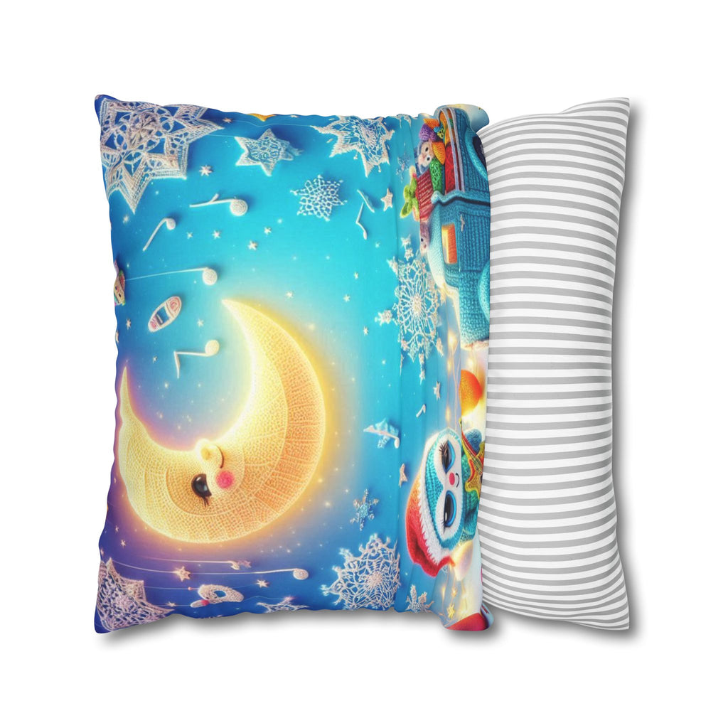 Whimsical Moon & Penguin Holiday Pillowcase  Faux Suede Square Throw Pillow
