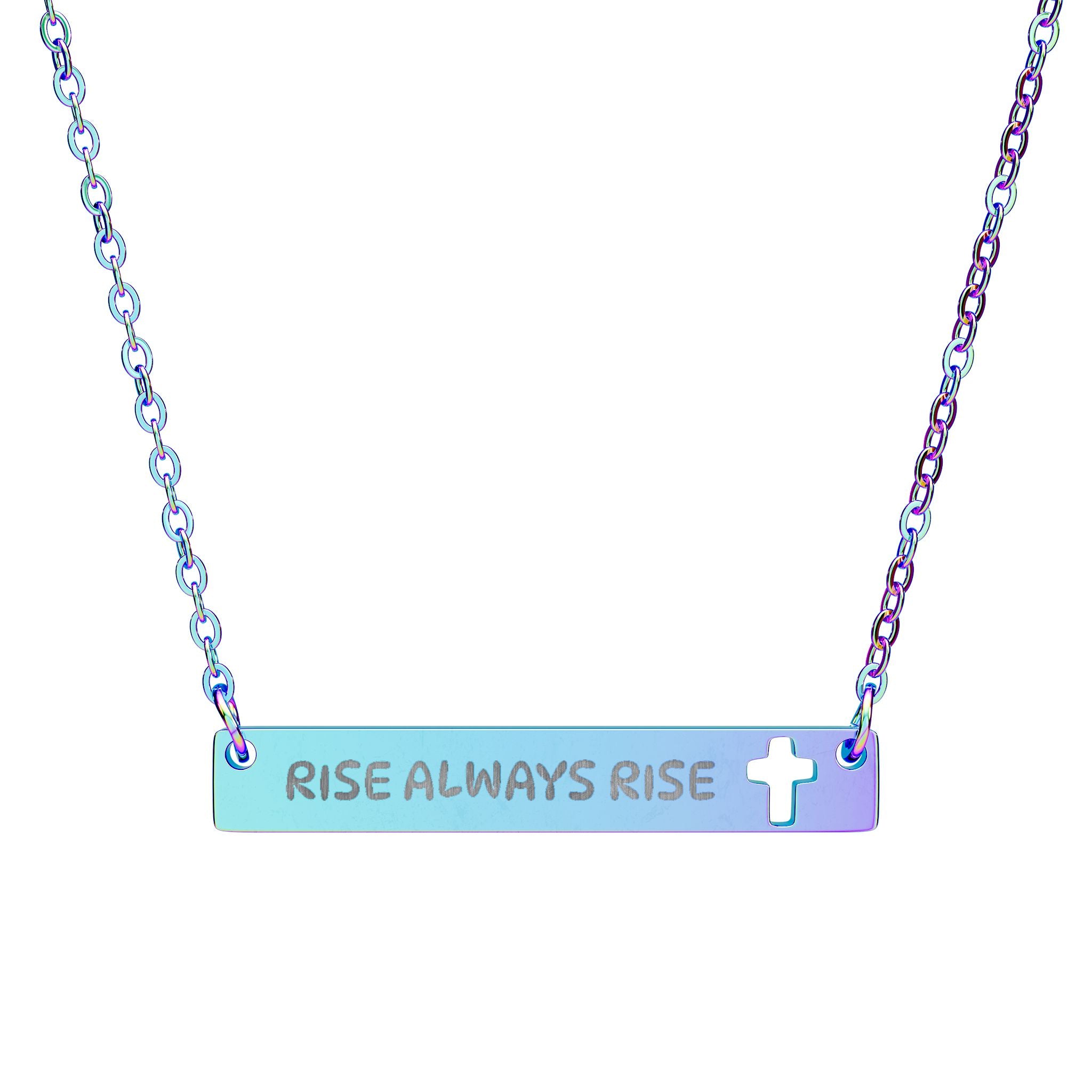 Cutout Cross Bar Necklace — Engraved "RISE ALWAYS RISE" Christian Pendant