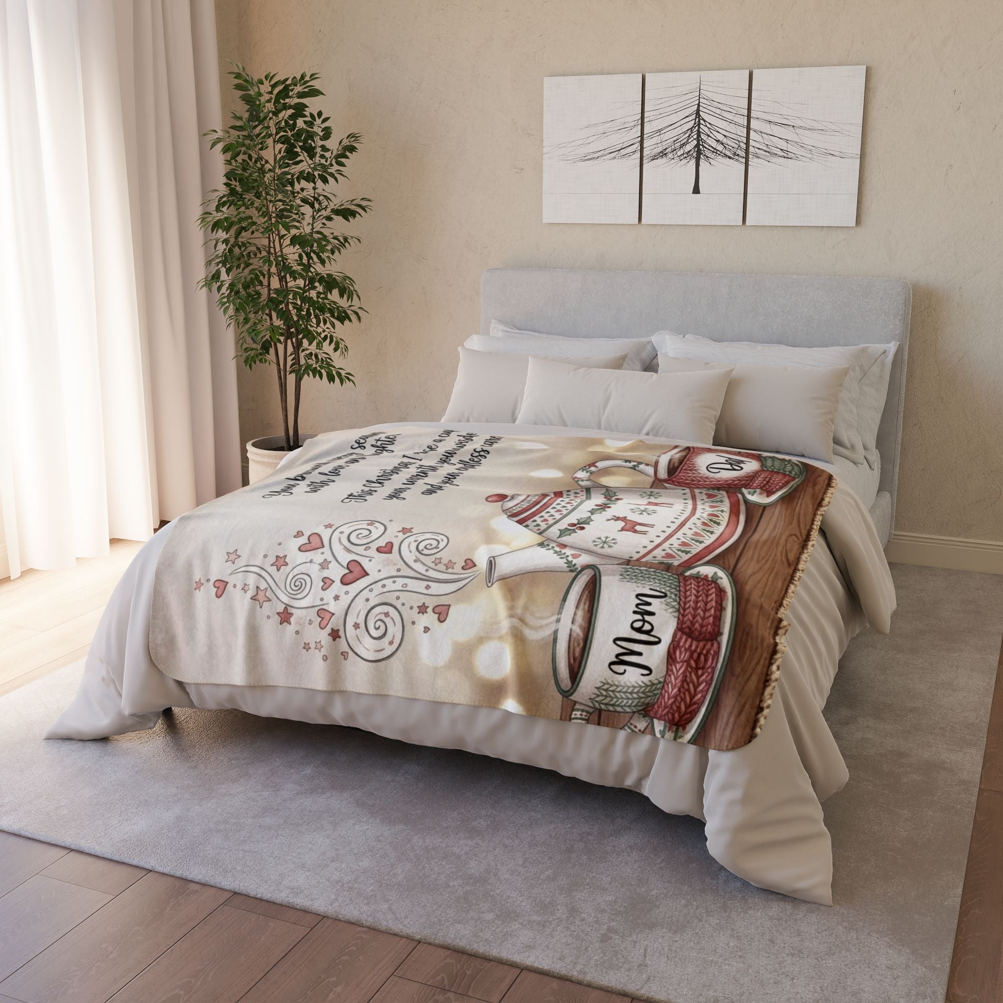 Christmas Tea Tribute Fleece Sherpa Blanket  "Mom" & "Dad" Cozy Holiday Message Holiday Christmas Blanket,