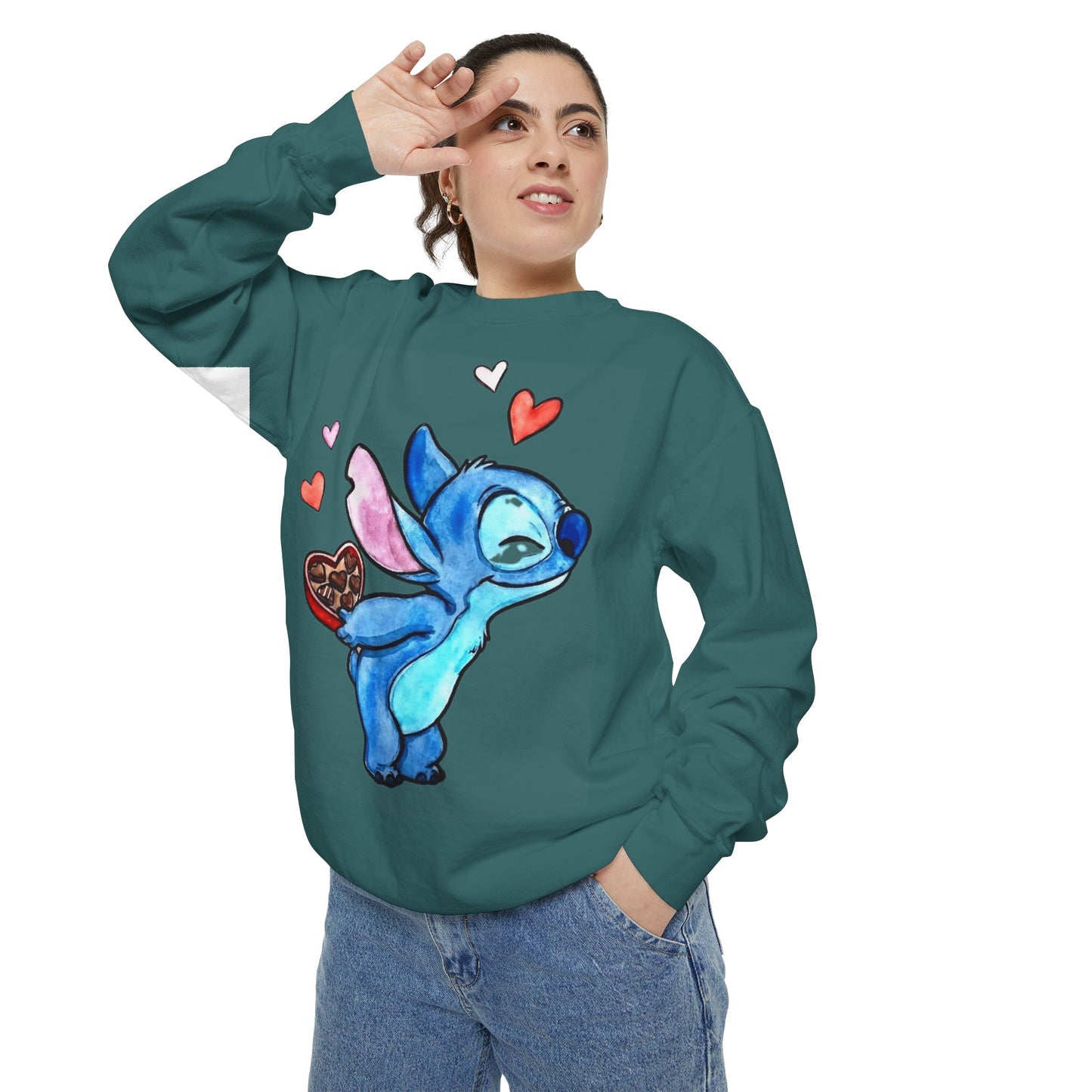 Stitch Valentine Sweatshirt — Cute Blue Alien with Hearts & Chocolate Pocket