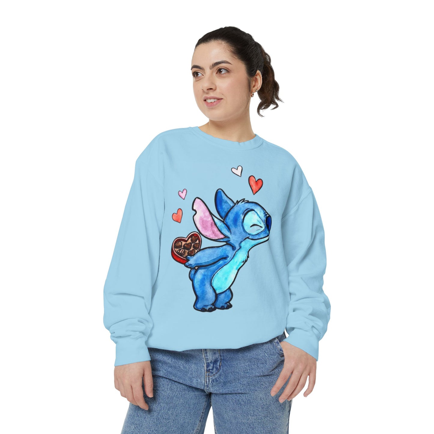 Stitch Valentine Sweatshirt — Cute Blue Alien with Hearts & Chocolate Pocket