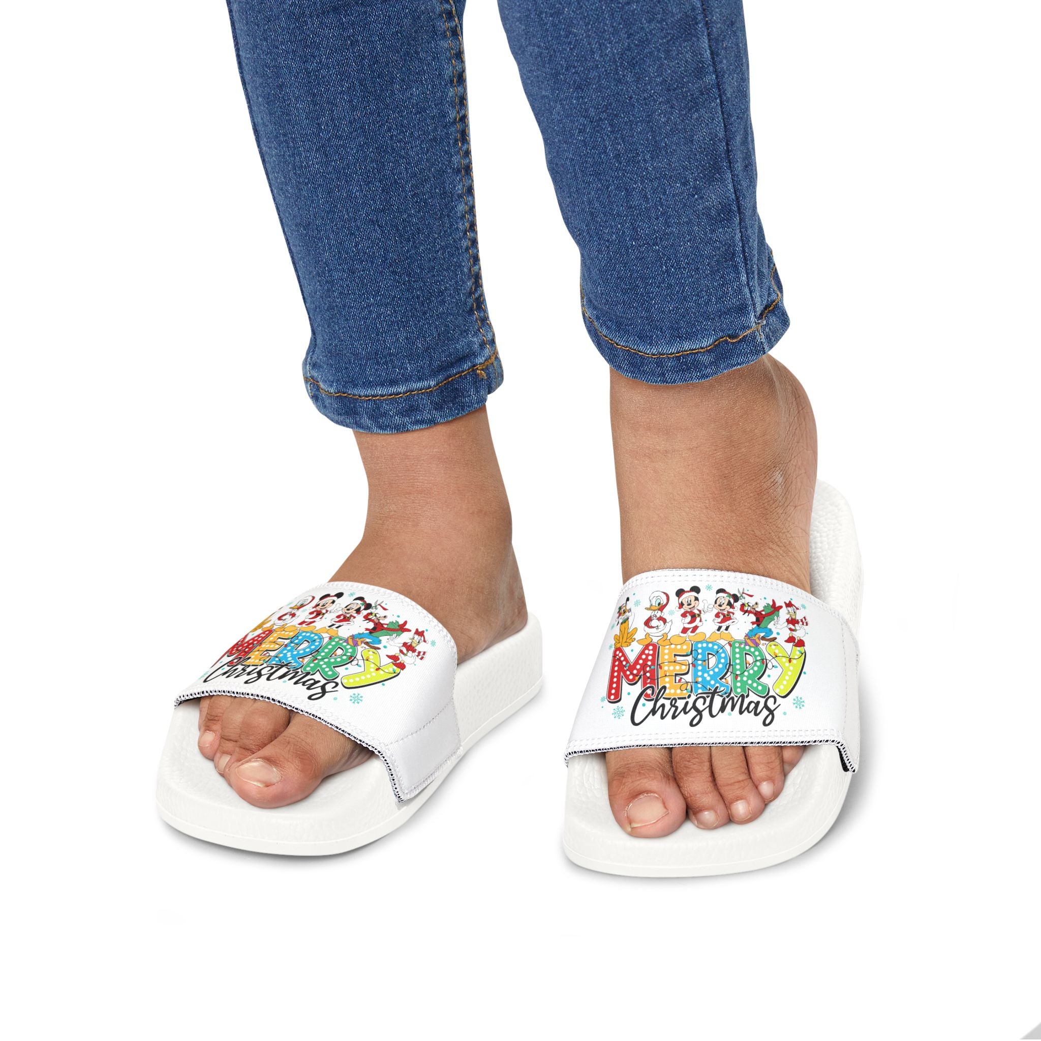 Youth Christmas Slide Sandals  "Merry Christmas" Holiday Cartoon Slides