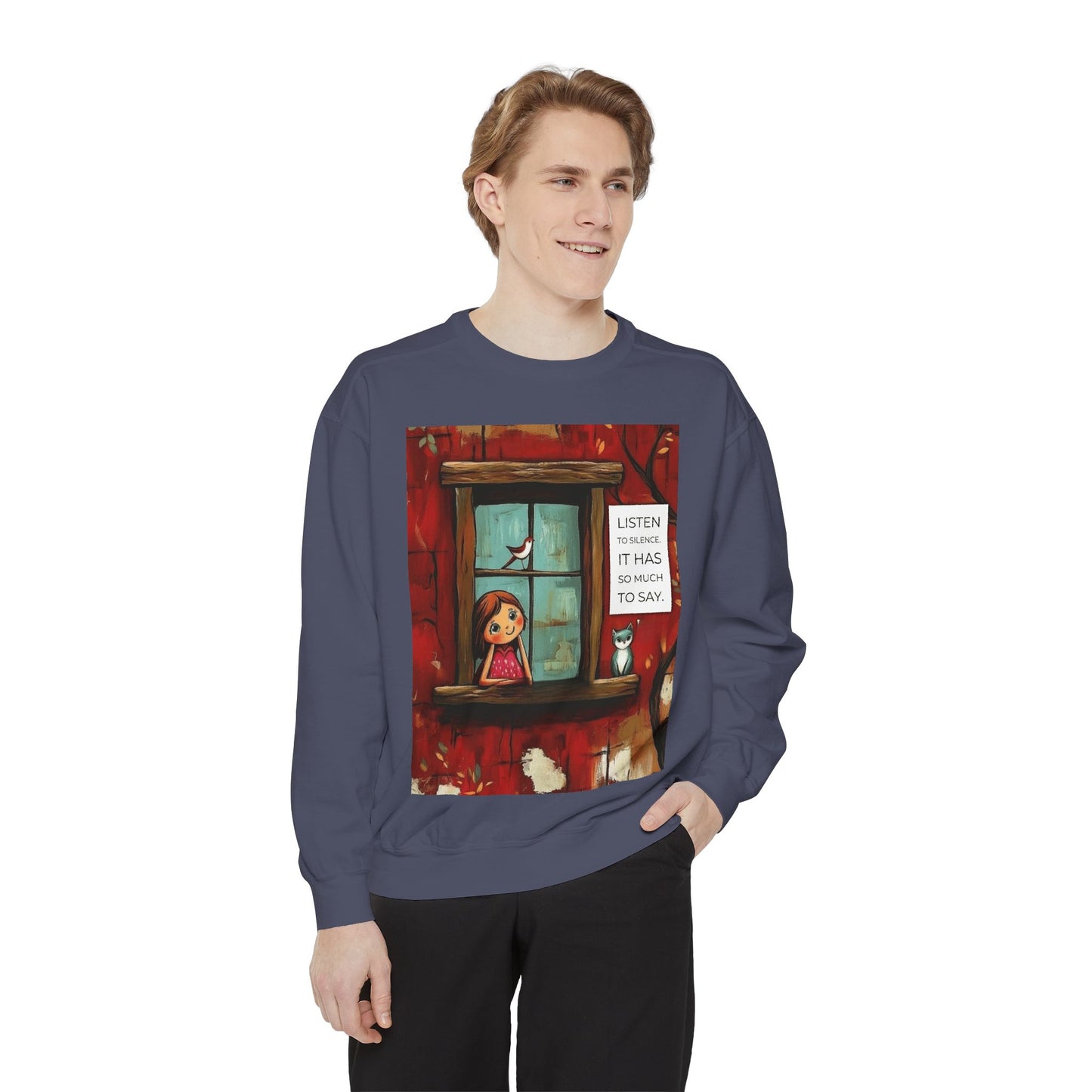 Cozy Window Scene Sweatshirt  "Listen, It Has So Much to Say" Graphic
