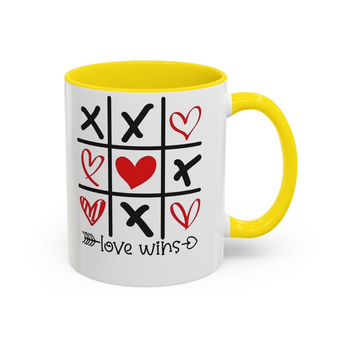 Love Wins Tic-Tac-Toe Heart Accent Coffee Mug — Romantic Valentine 11/15oz