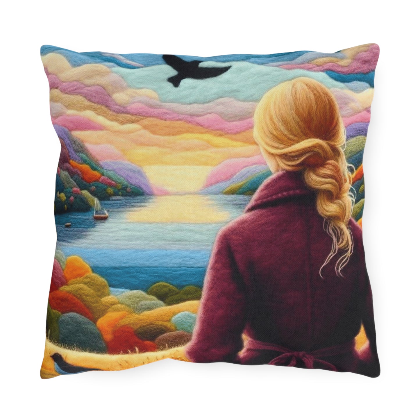 Scenic Lakeview Outdoor Pillow — Woman Overlooking Colorful Sunset Landscape