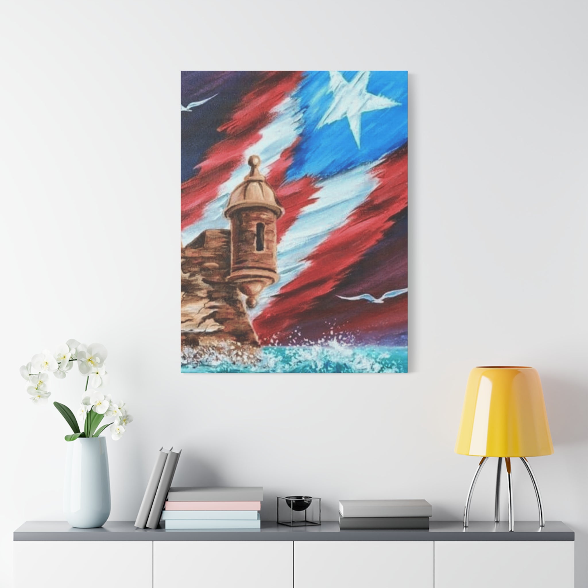 Patriotic Castillo Canvas Wall Art – Puerto Rico Flag Coastal Fortress Print