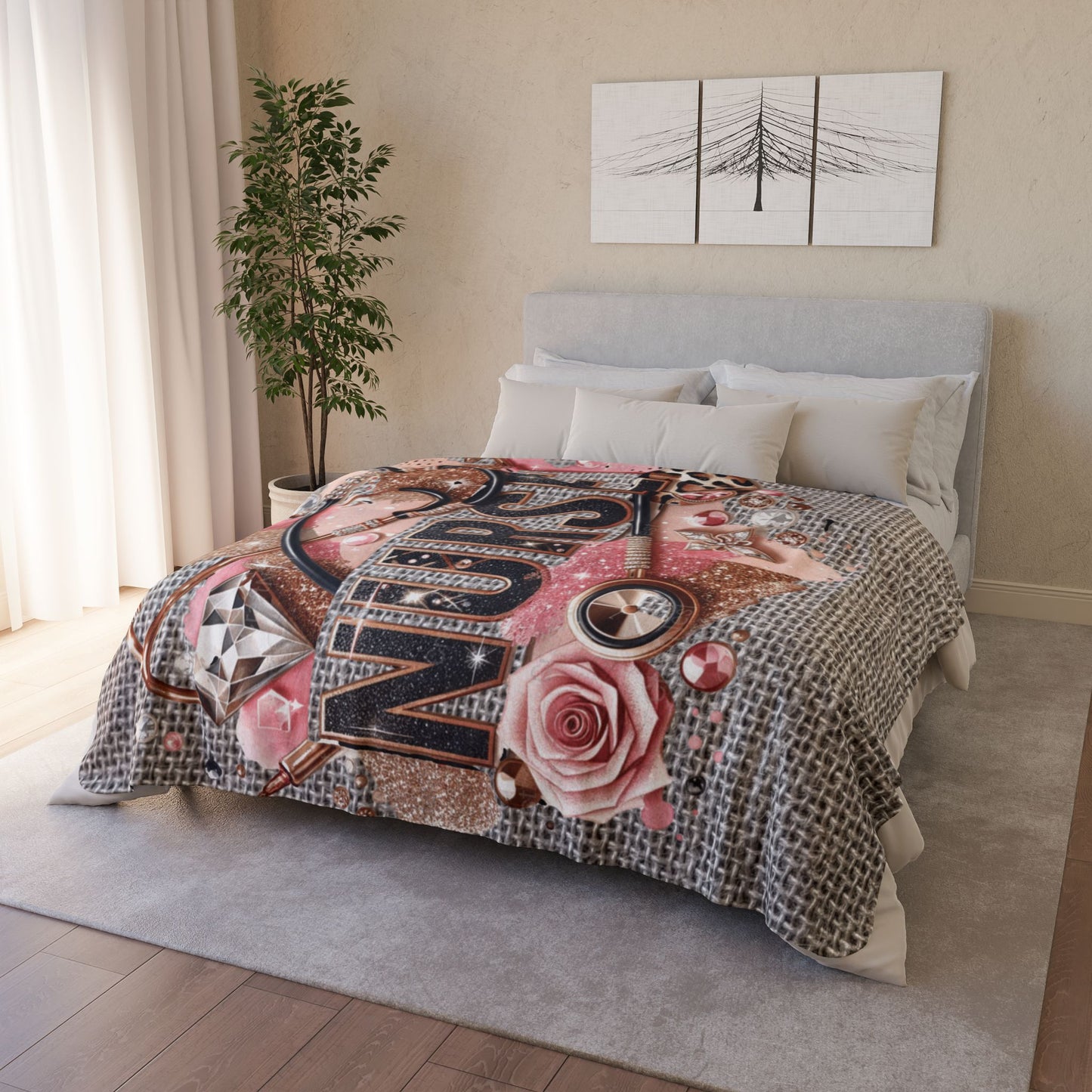 Nurse Fleece Sherpa Blanket — Pink Glam Stethoscope & Roses Cozy Throw