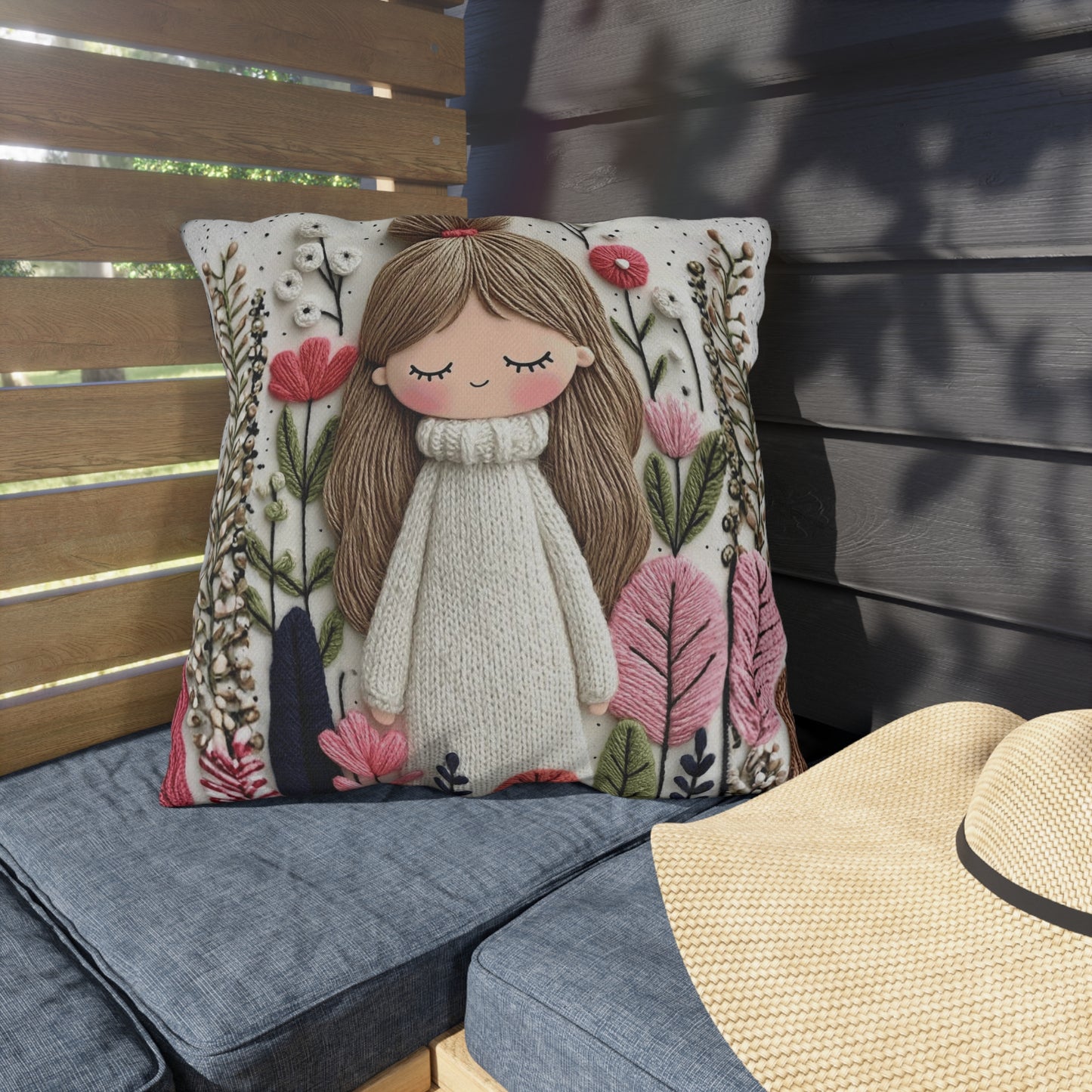 Cute Girl Floral Outdoor Pillow — Whimsical Garden Accent Cushion