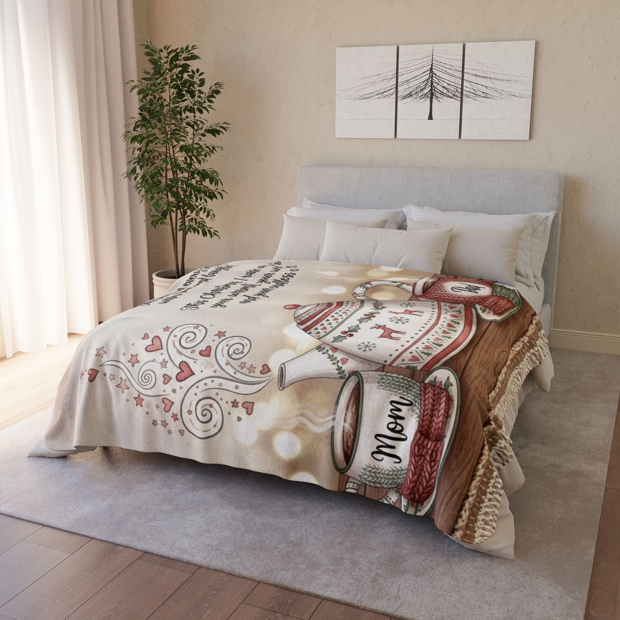 Christmas Tea Tribute Fleece Sherpa Blanket  "Mom" & "Dad" Cozy Holiday Message Holiday Christmas Blanket,