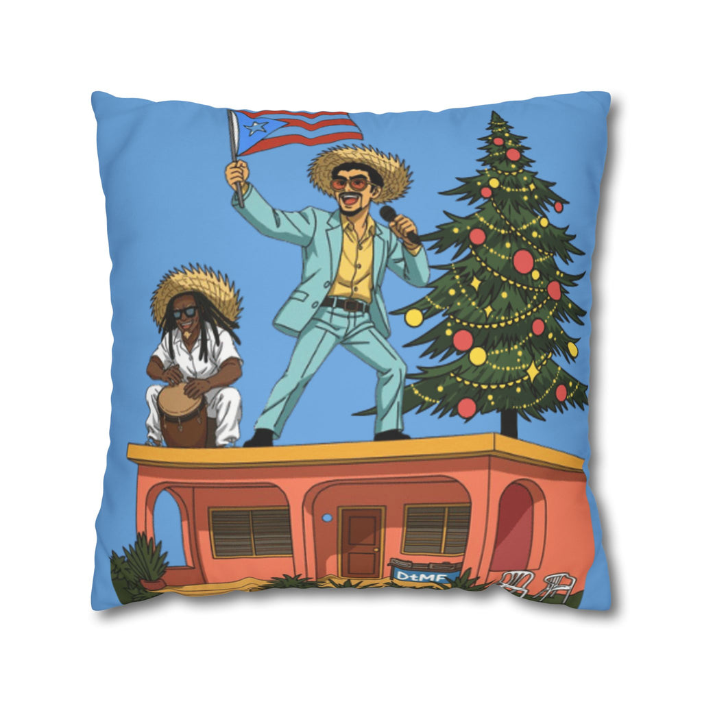 Holiday Vibes Pillow — Festive Duo Singing on Rooftop Christmas Throw Pillow Puerto Rico Culture Pillow