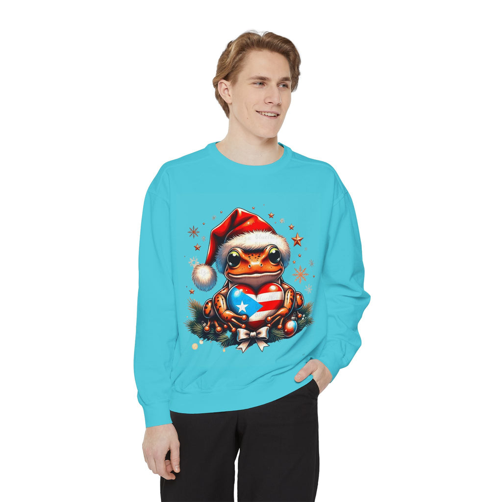 Christmas Coqui Sweatshirt — Cute Santa Frog Holding Ornament Holiday Sweater
