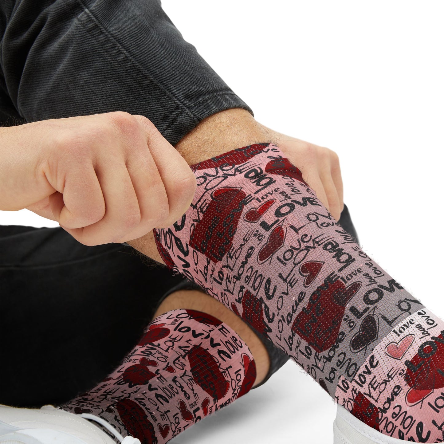 Valentine Heart Sublimation Socks – I Love You Pattern, Red Rose & Script Crew Socks