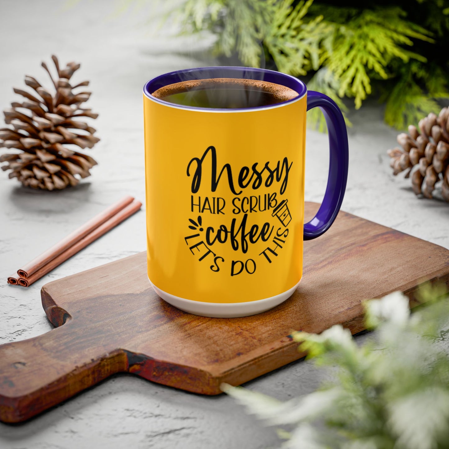 Holiday Coffee Cups with Festive Quotes & Designs Messy Hair Coffee Mug - Fun Yellow Ceramic Cup for Coffee Lovers