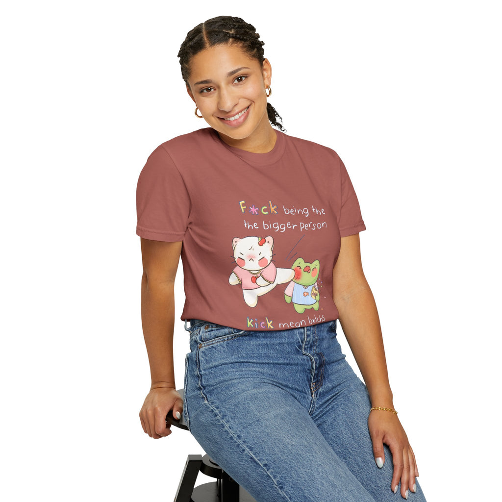 Graphic T-Shirt  Cute Kicking Cat & Frog with 'F*ck Being The Bigger Person' Slogan