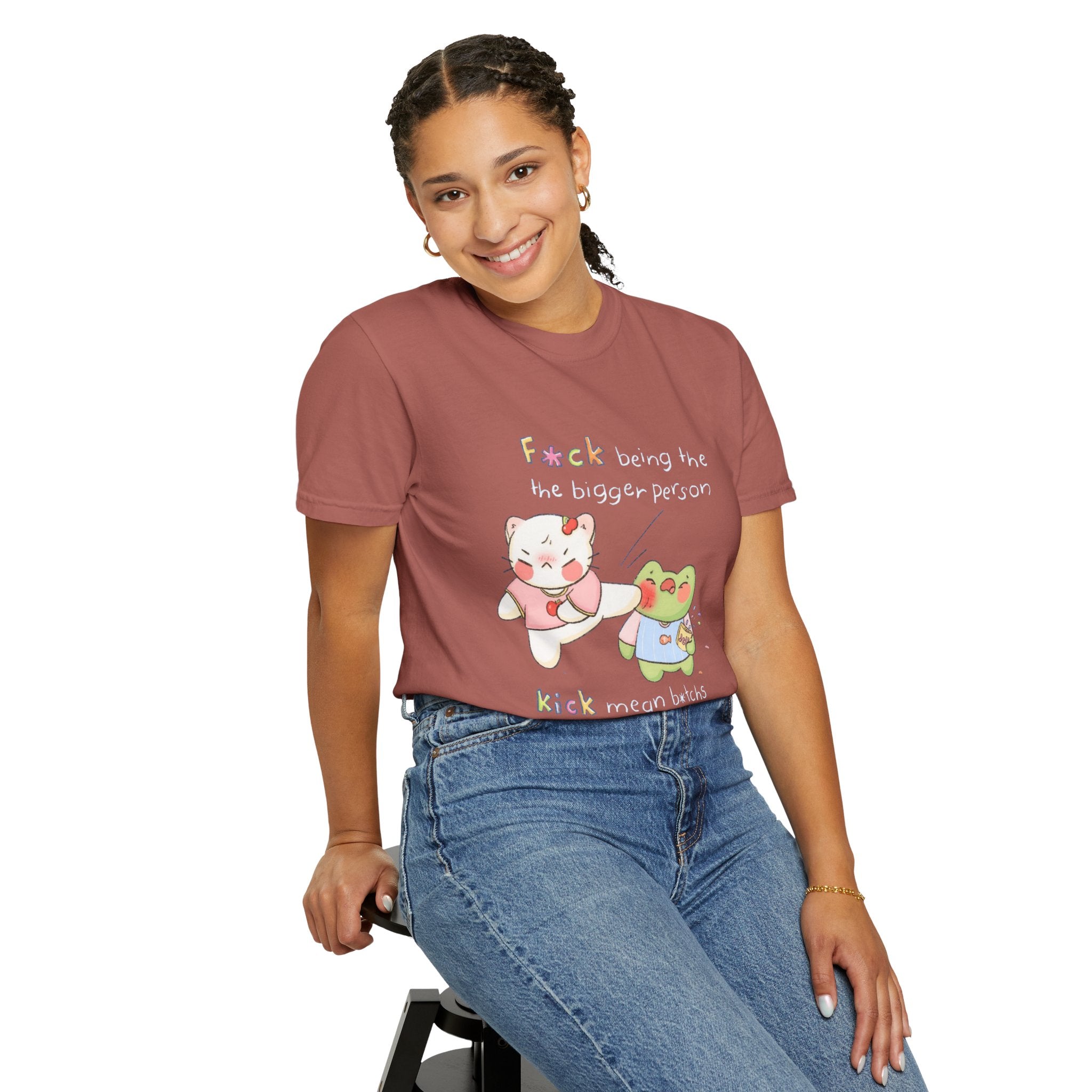 Graphic T-Shirt  Cute Kicking Cat & Frog with 'F*ck Being The Bigger Person' Slogan