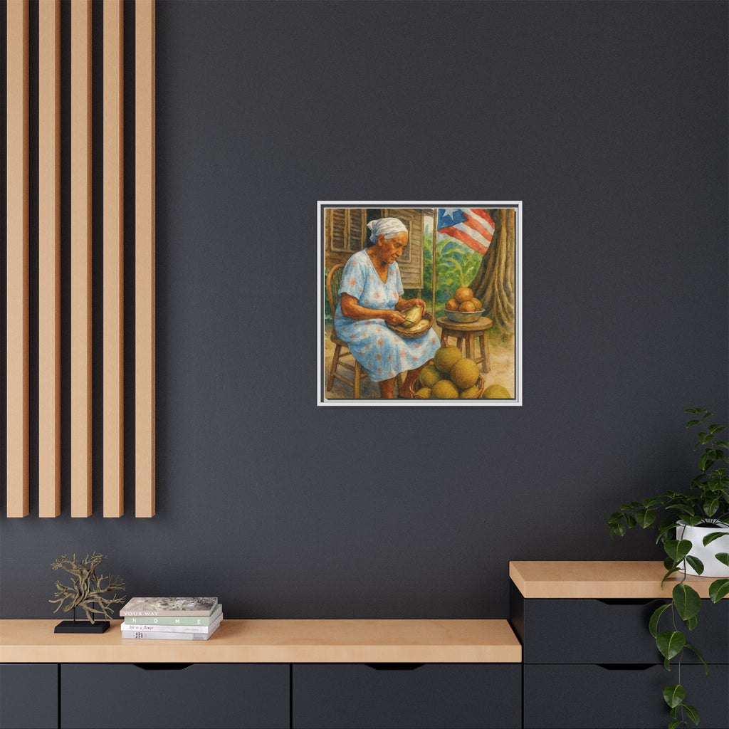 Cultural & Story-Driven These Puerto Rico inspired  Framed Matte Canvas Print  Woman Shelling Fruit Vintage Tropical Painting
