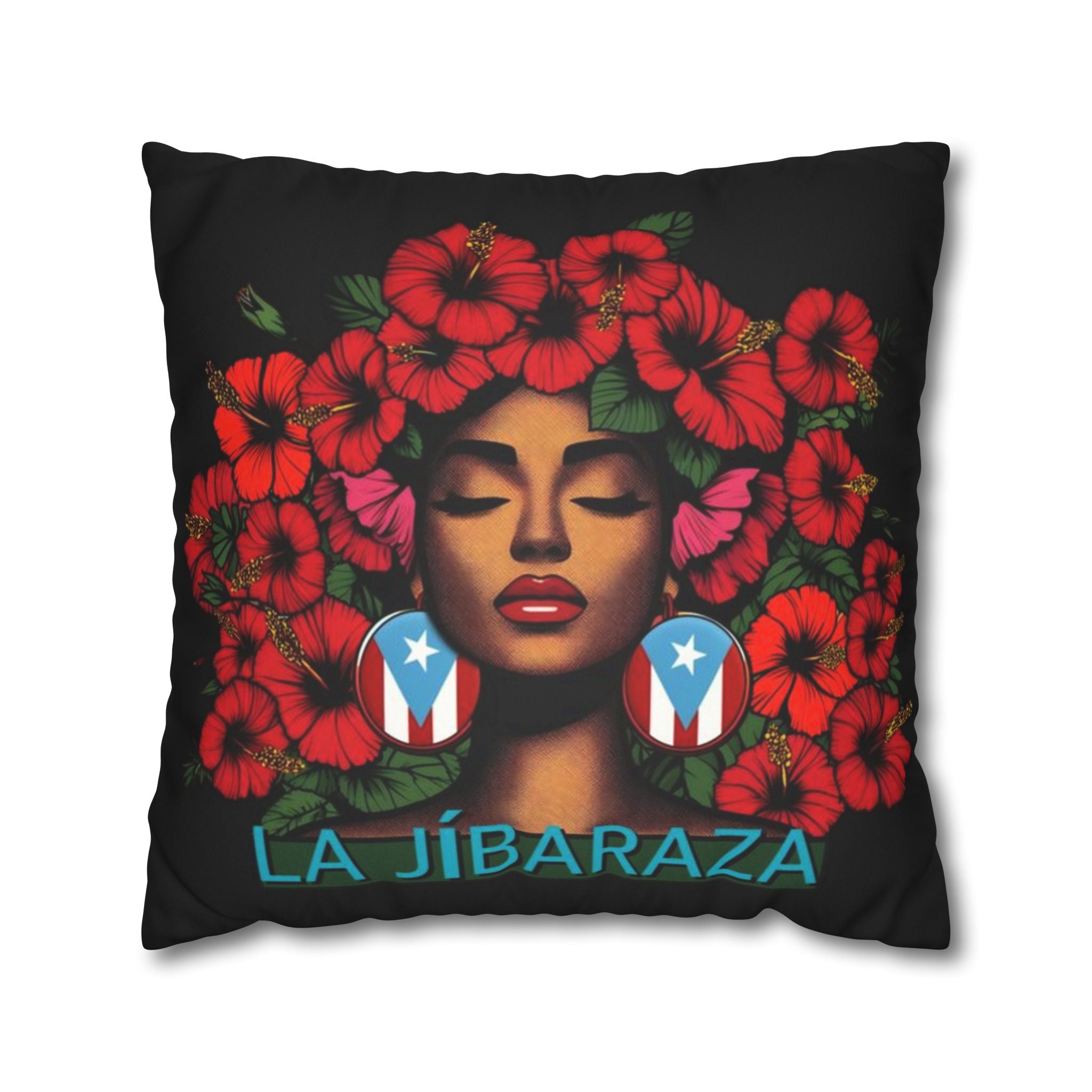 La Jíbara Pillowcase – Puerto Rican Floral Hair Art Square Pillow  Puerto Rico Culture Pillow