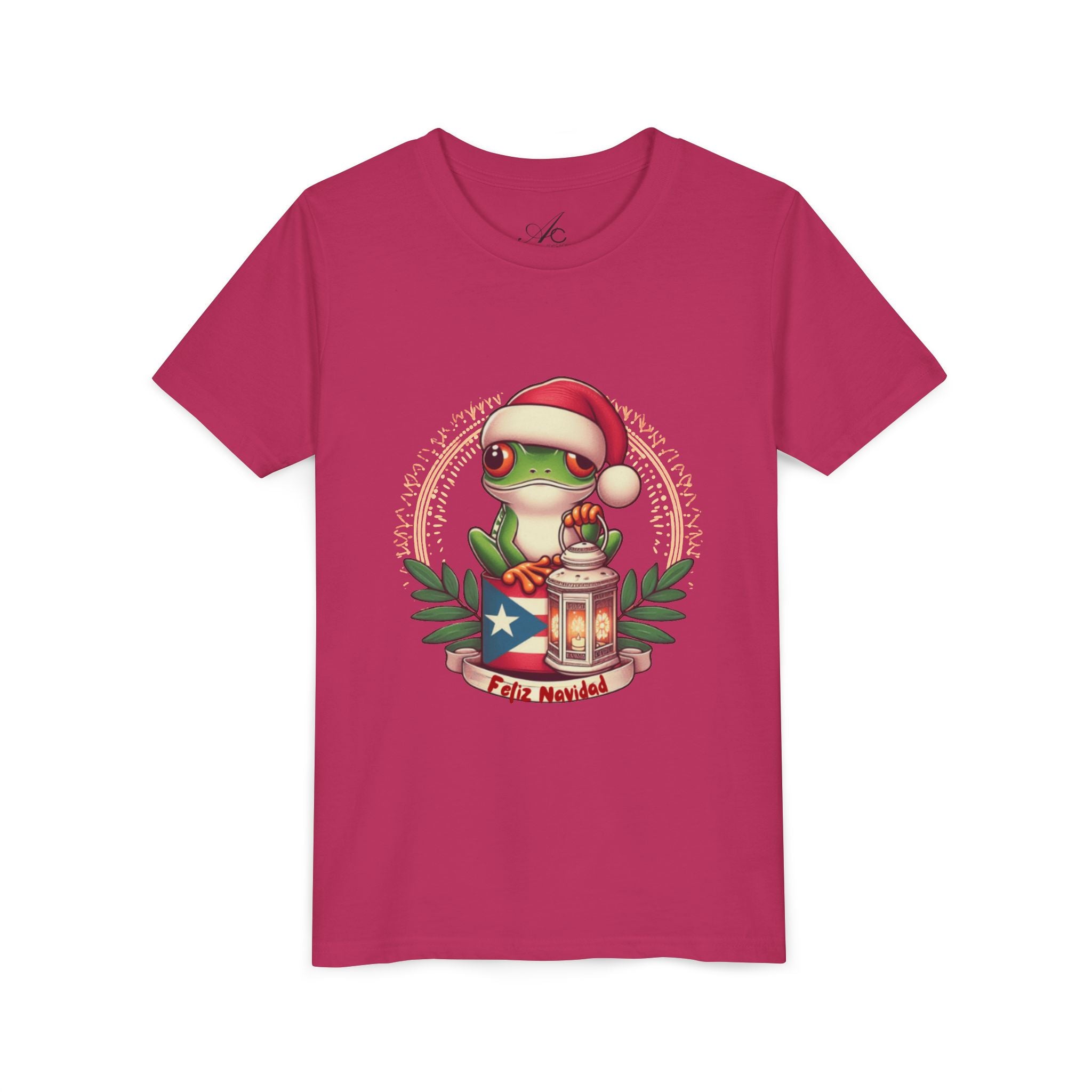 Kids Tee Cute Frog with Puerto Rican Flag & Lantern (Feliz Navidad)