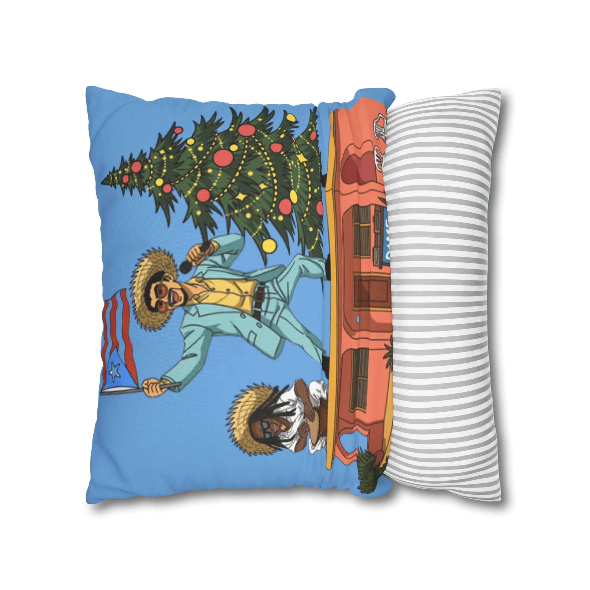 Holiday Vibes Pillow — Festive Duo Singing on Rooftop Christmas Throw Pillow Puerto Rico Culture Pillow