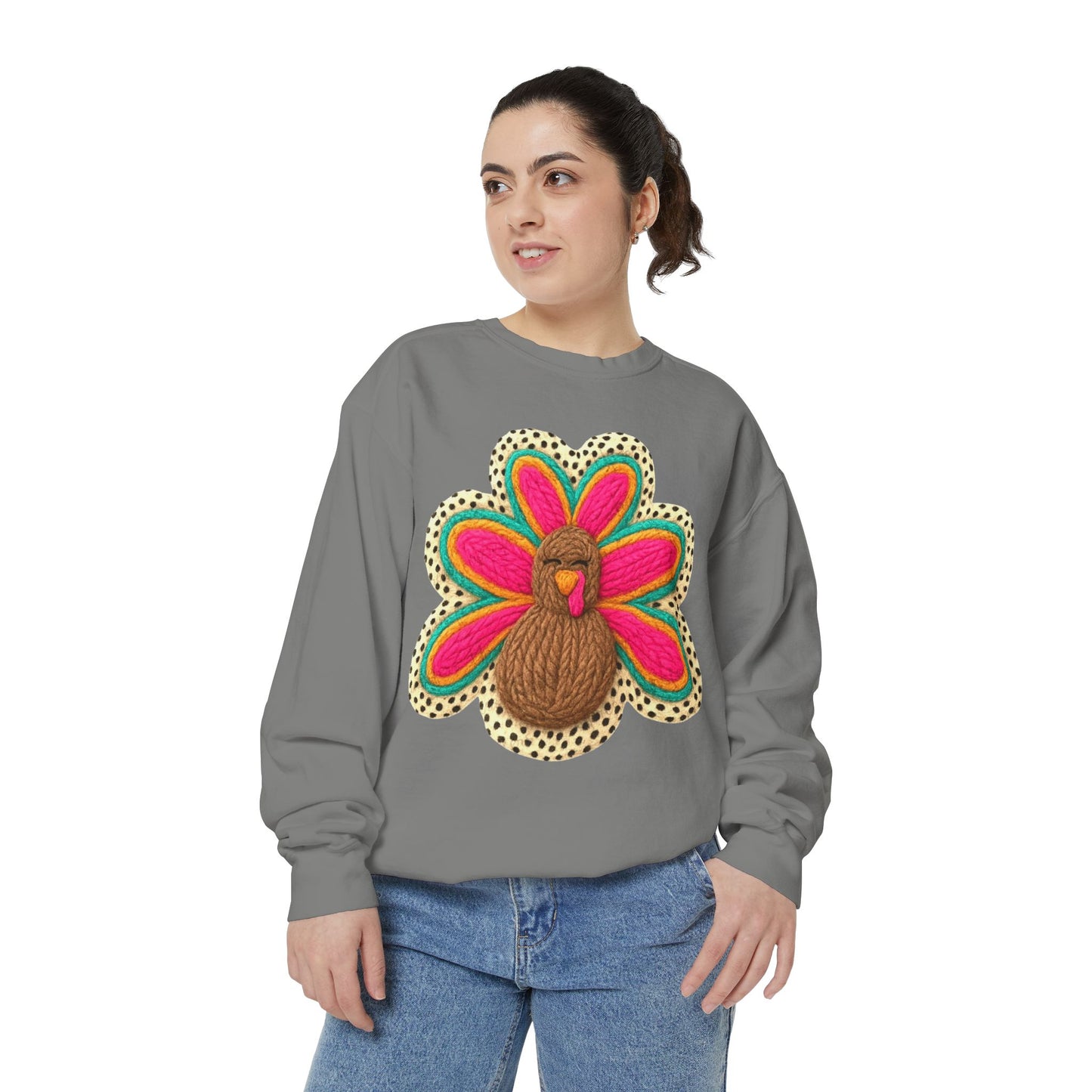 Festive Holiday Designs Turkey Patch Sweatshirt — Colorful Embroidered Thanksgiving Pullover