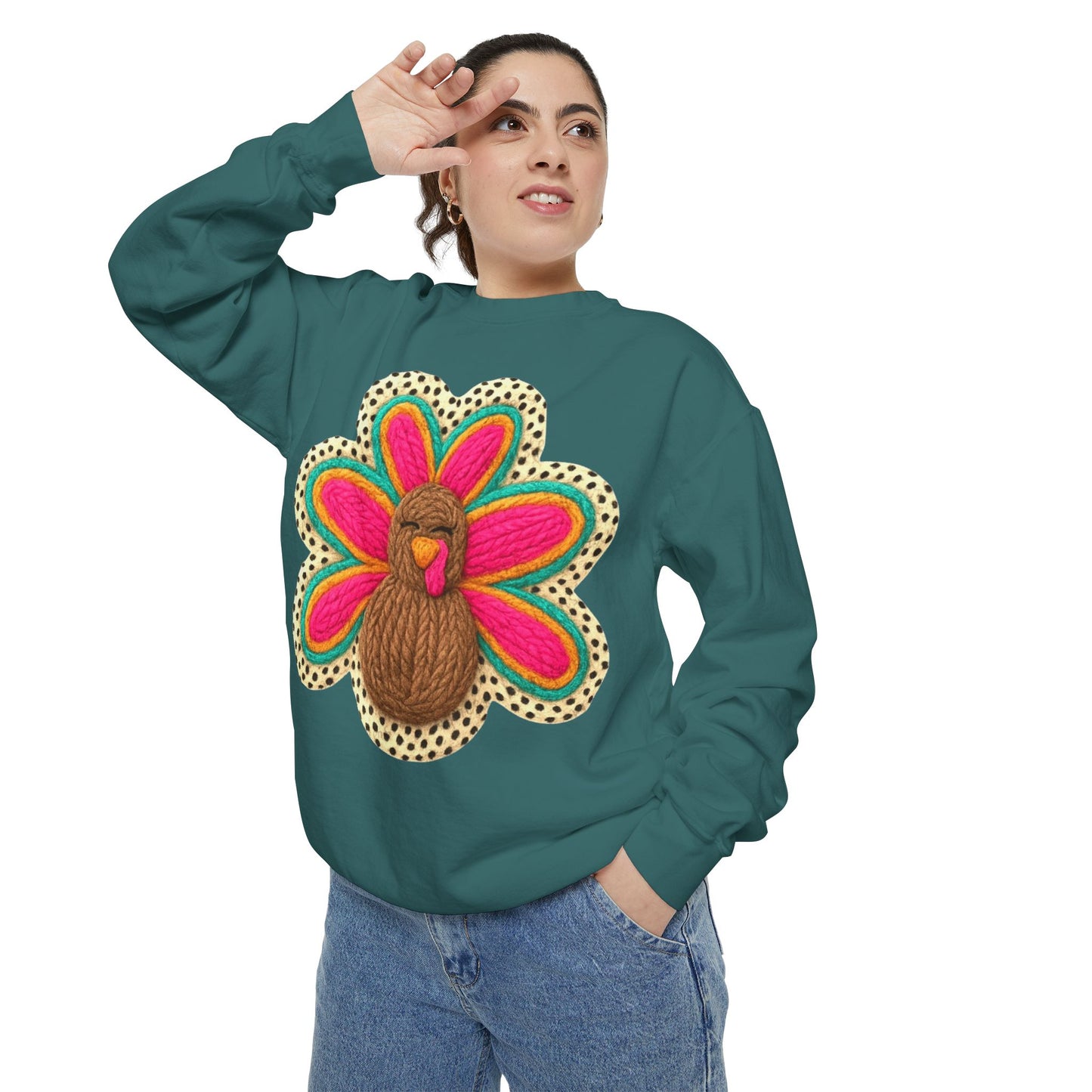 Festive Holiday Designs Turkey Patch Sweatshirt — Colorful Embroidered Thanksgiving Pullover