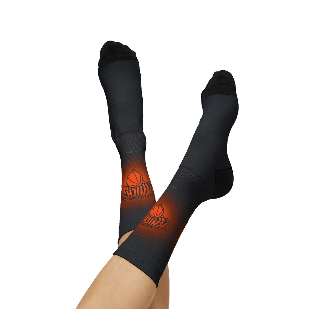 Basketball-Inspired Pattern Crew Socks — Retro Sports Sublimation Socks — Orange Gradient Crew Socks for Fans